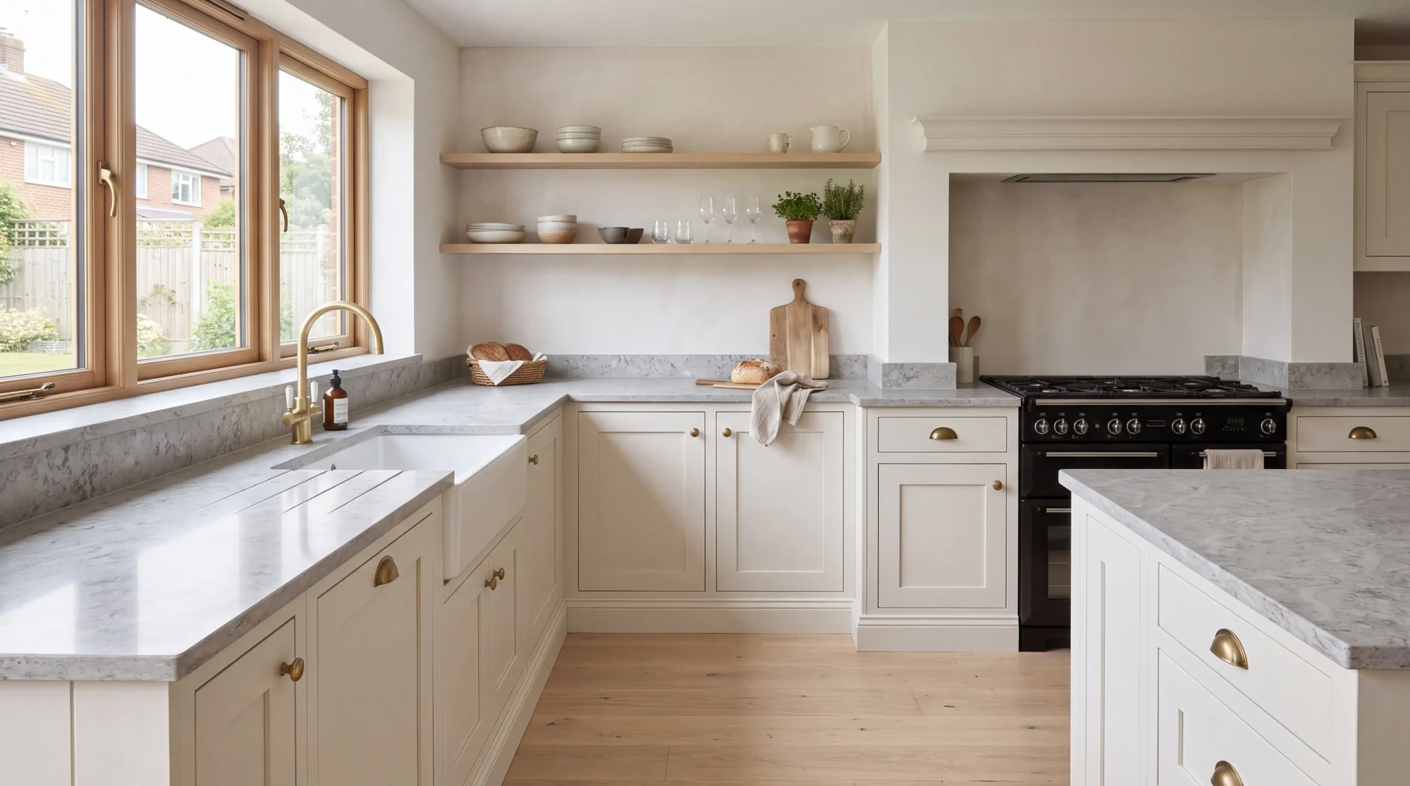 Fusion Grey l-shaped kitchen, AI-generated design concept