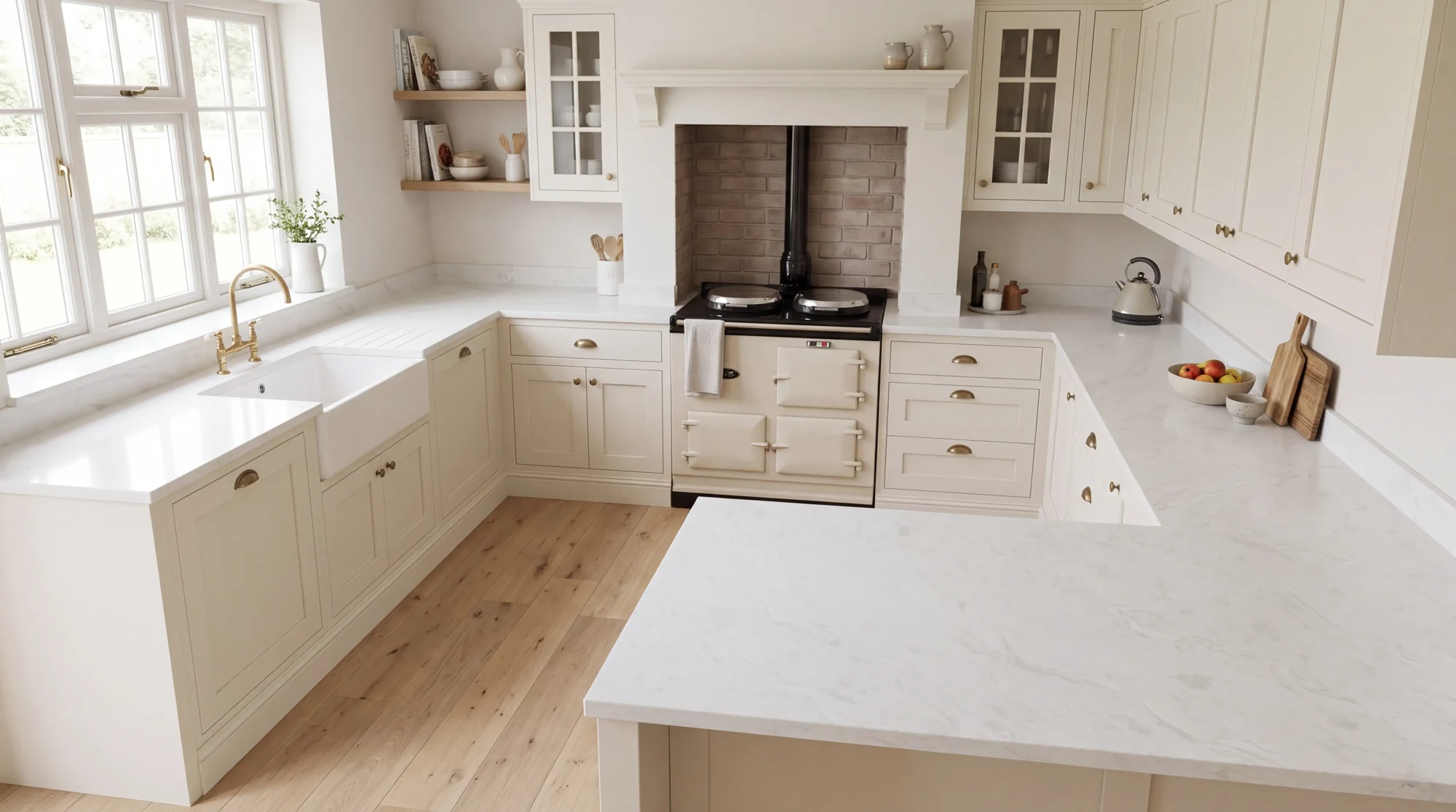 Fusion White u-shaped kitchen, AI-generated design concept