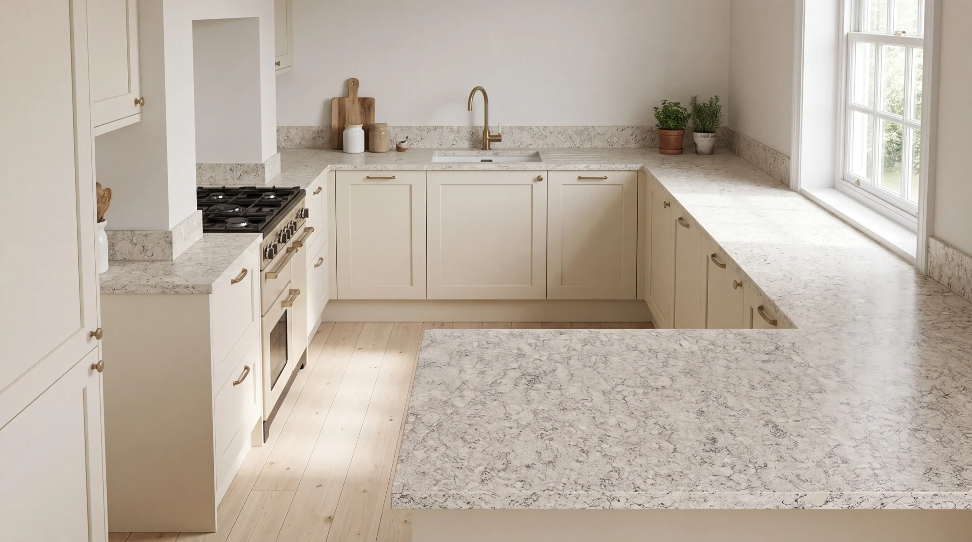 Ice Canyon u-shaped kitchen, AI-generated design concept