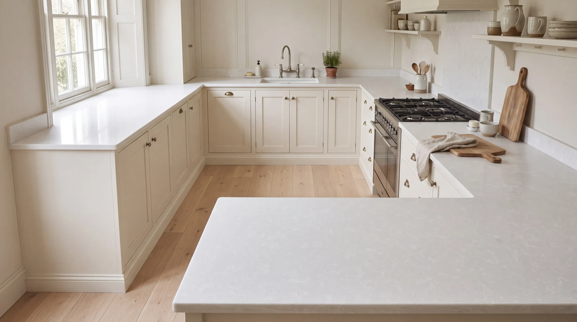 White Onyx u-shaped kitchen, AI-generated design concept