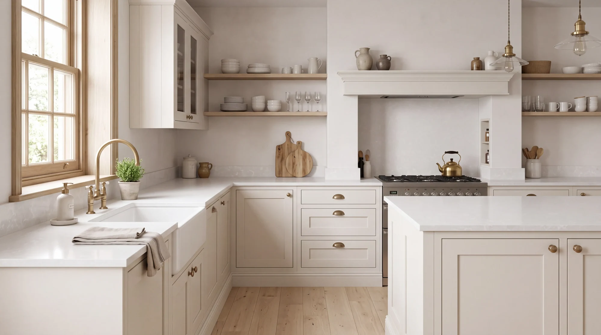 White Onyx l-shaped kitchen, AI-generated design concept