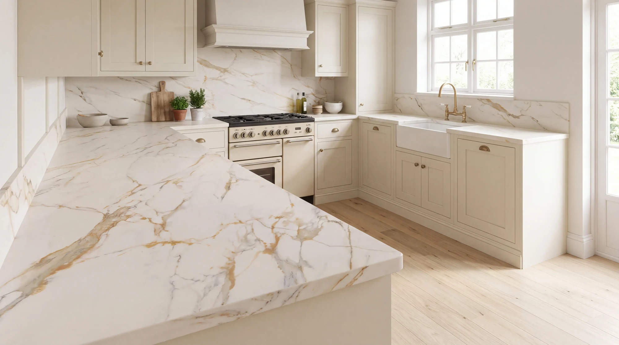 Calacatta Fantastico u-shaped kitchen, AI-generated design concept