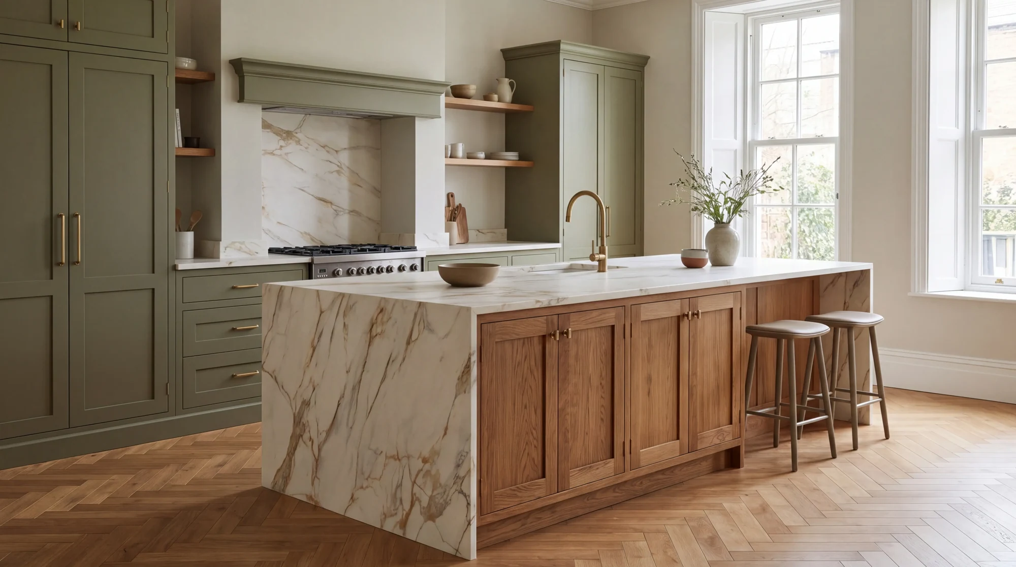 Calacatta Fantastico kitchen island, AI-generated design concept