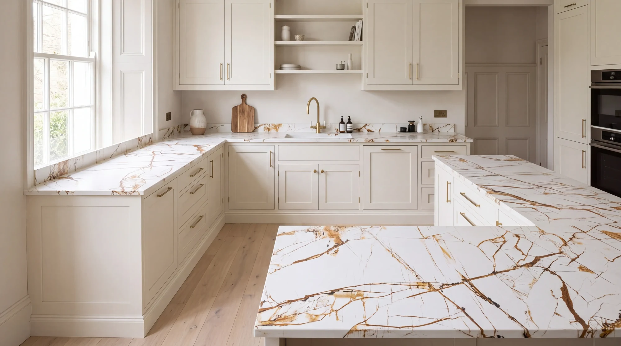 Dream Gold u-shaped kitchen, AI-generated design concept