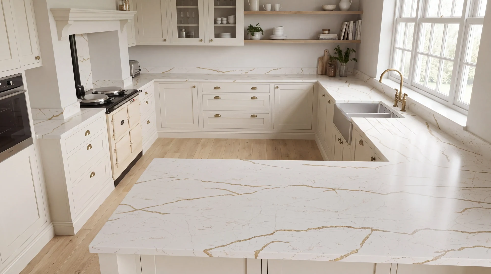 Astonia Gold Full Body u-shaped kitchen, AI-generated design concept