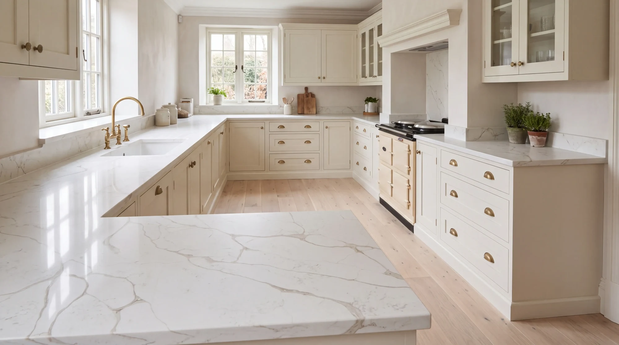 Emerald Gold u-shaped kitchen, AI-generated design concept