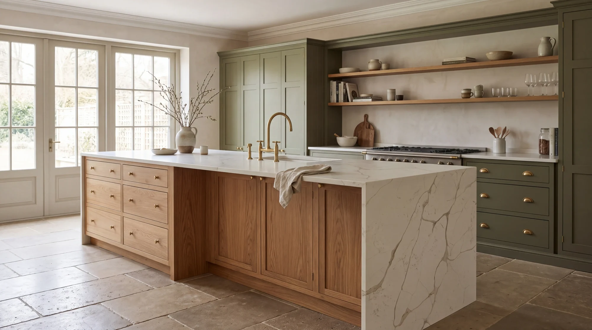 Emerald Gold kitchen island, AI-generated design concept