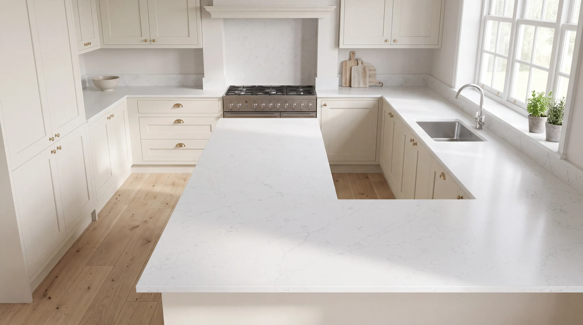 Alaska White u-shaped kitchen, AI-generated design concept