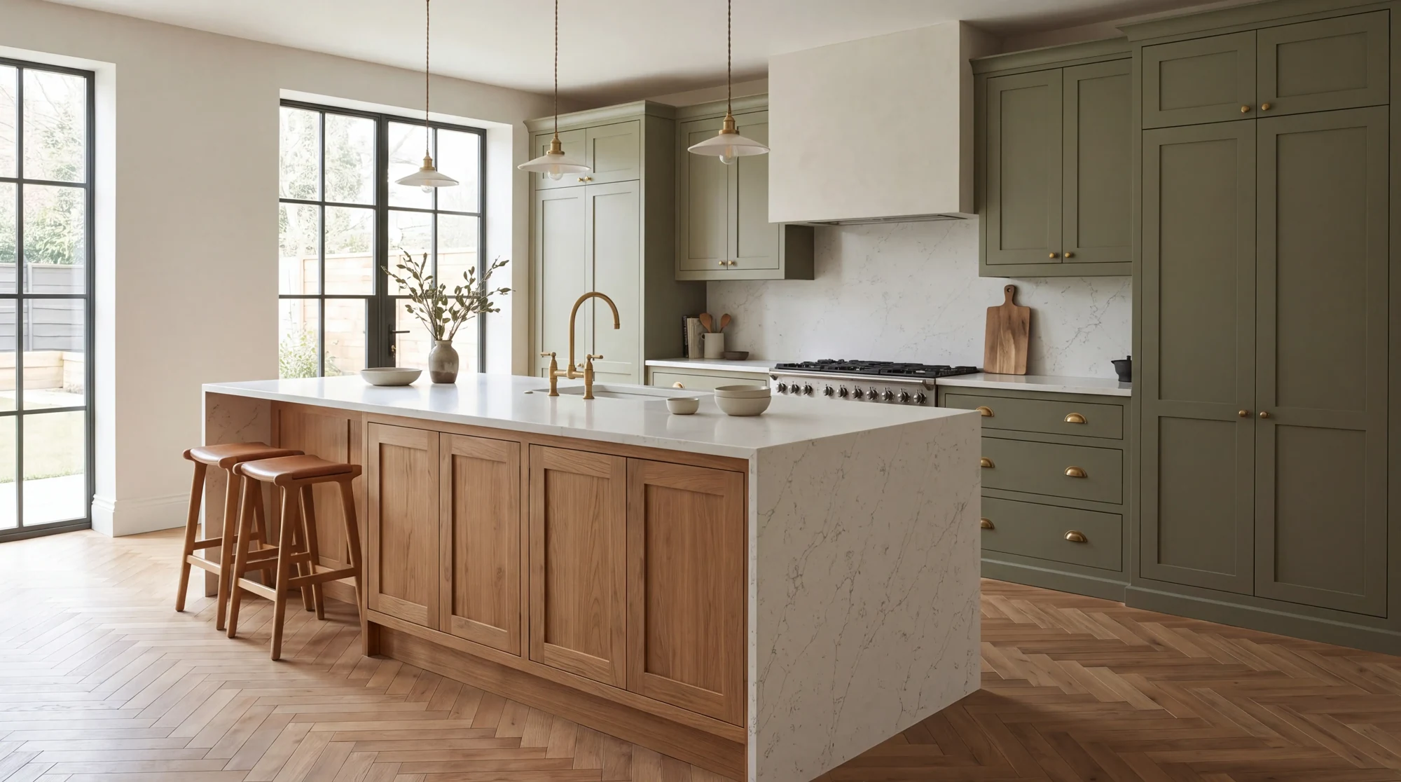 Alaska White kitchen island, AI-generated design concept