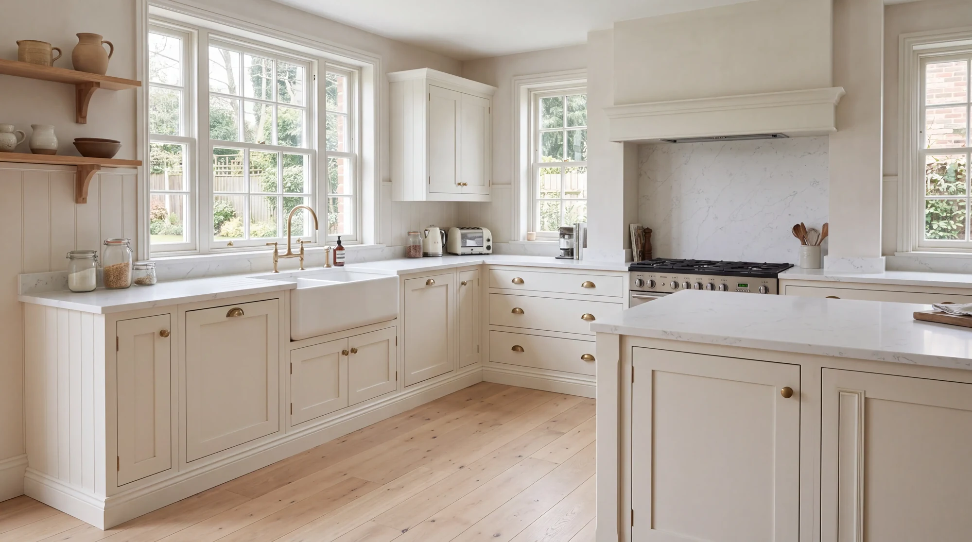 Alaska White l-shaped kitchen, AI-generated design concept