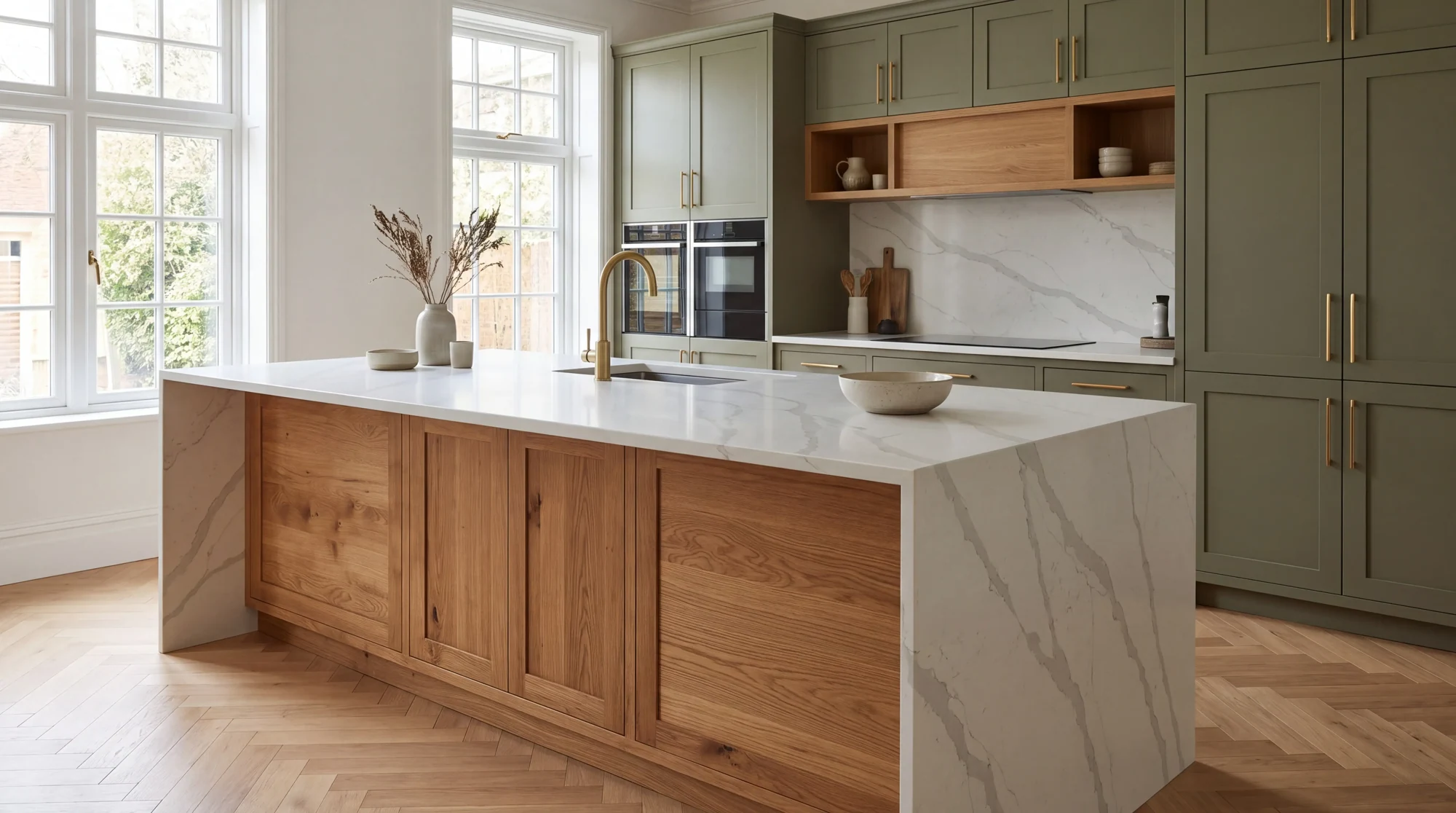 Calacatta Platinum kitchen island, AI-generated design concept