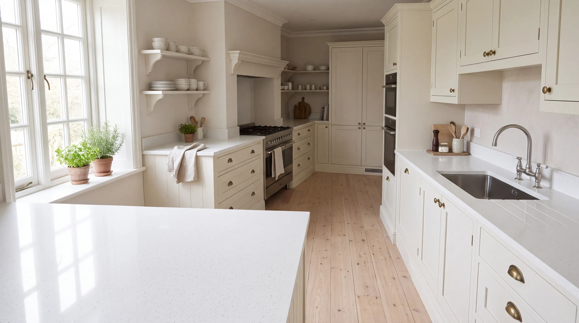 Ice Crystal u-shaped kitchen, AI-generated design concept