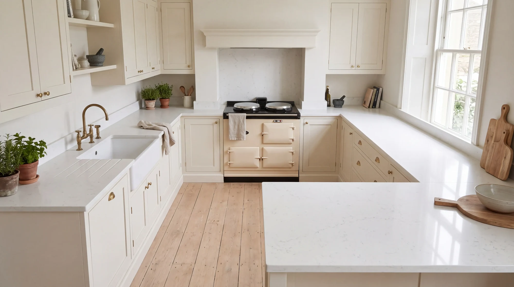 Bianco Carrara Super Jumbo u-shaped kitchen, AI-generated design concept