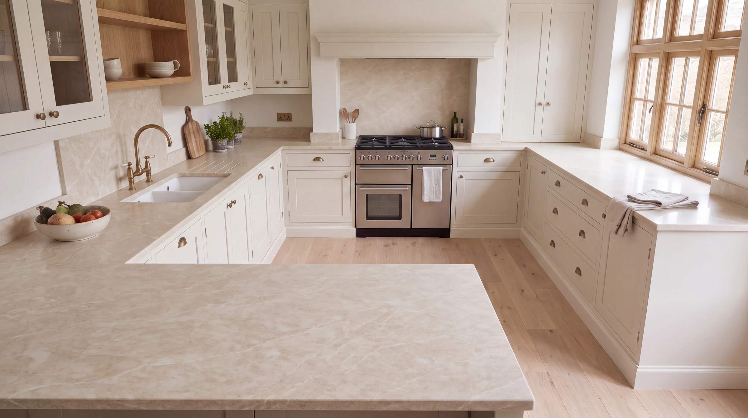 Almond Beige u-shaped kitchen, AI-generated design concept