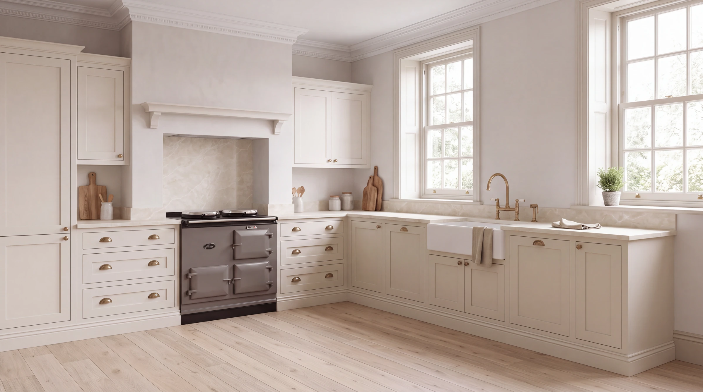Almond Beige l-shaped kitchen, AI-generated design concept