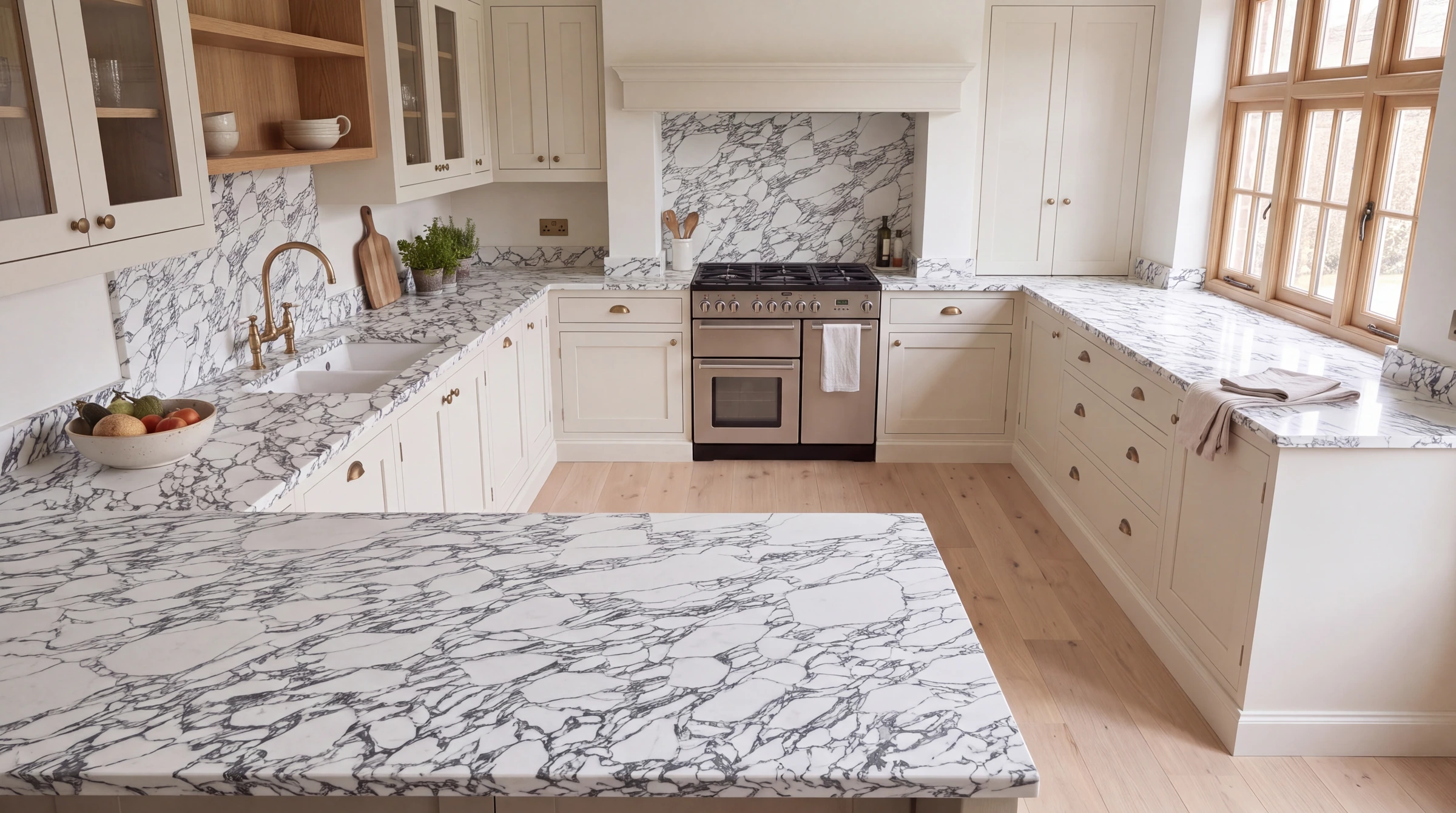 Arabescato Elegance u-shaped kitchen, AI-generated design concept