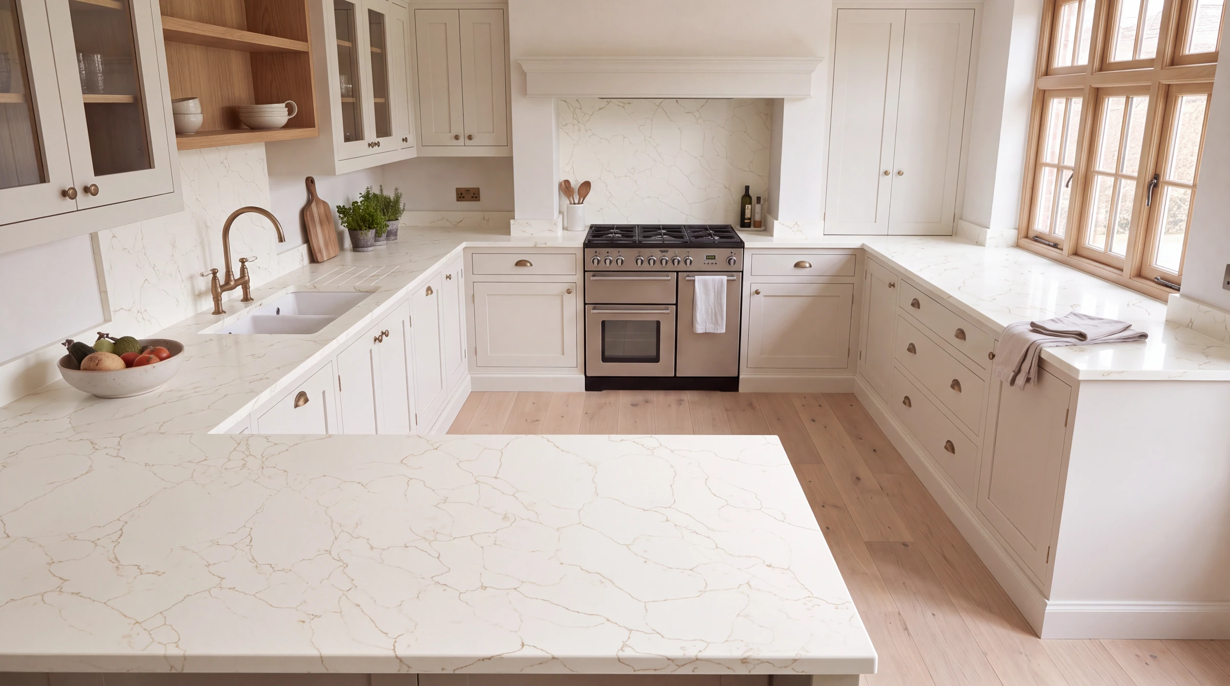 Arabescato Gold u-shaped kitchen, AI-generated design concept