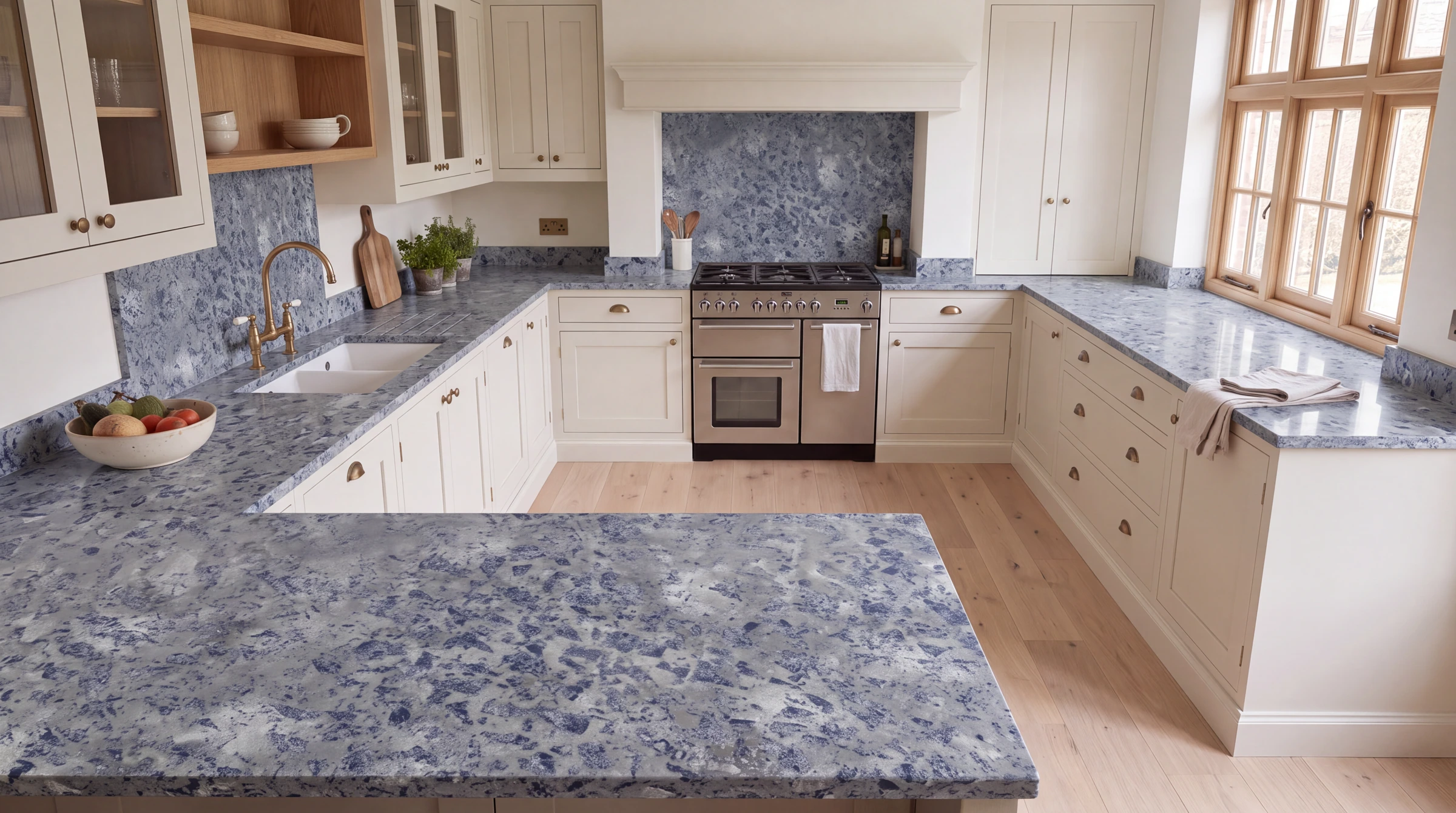 Blue Lagoon u-shaped kitchen, AI-generated design concept
