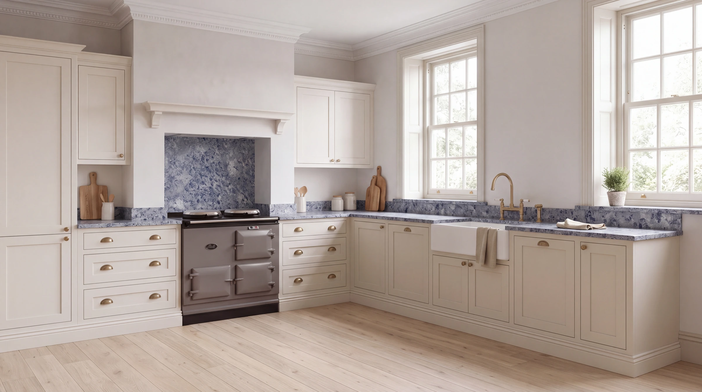 Blue Lagoon l-shaped kitchen, AI-generated design concept