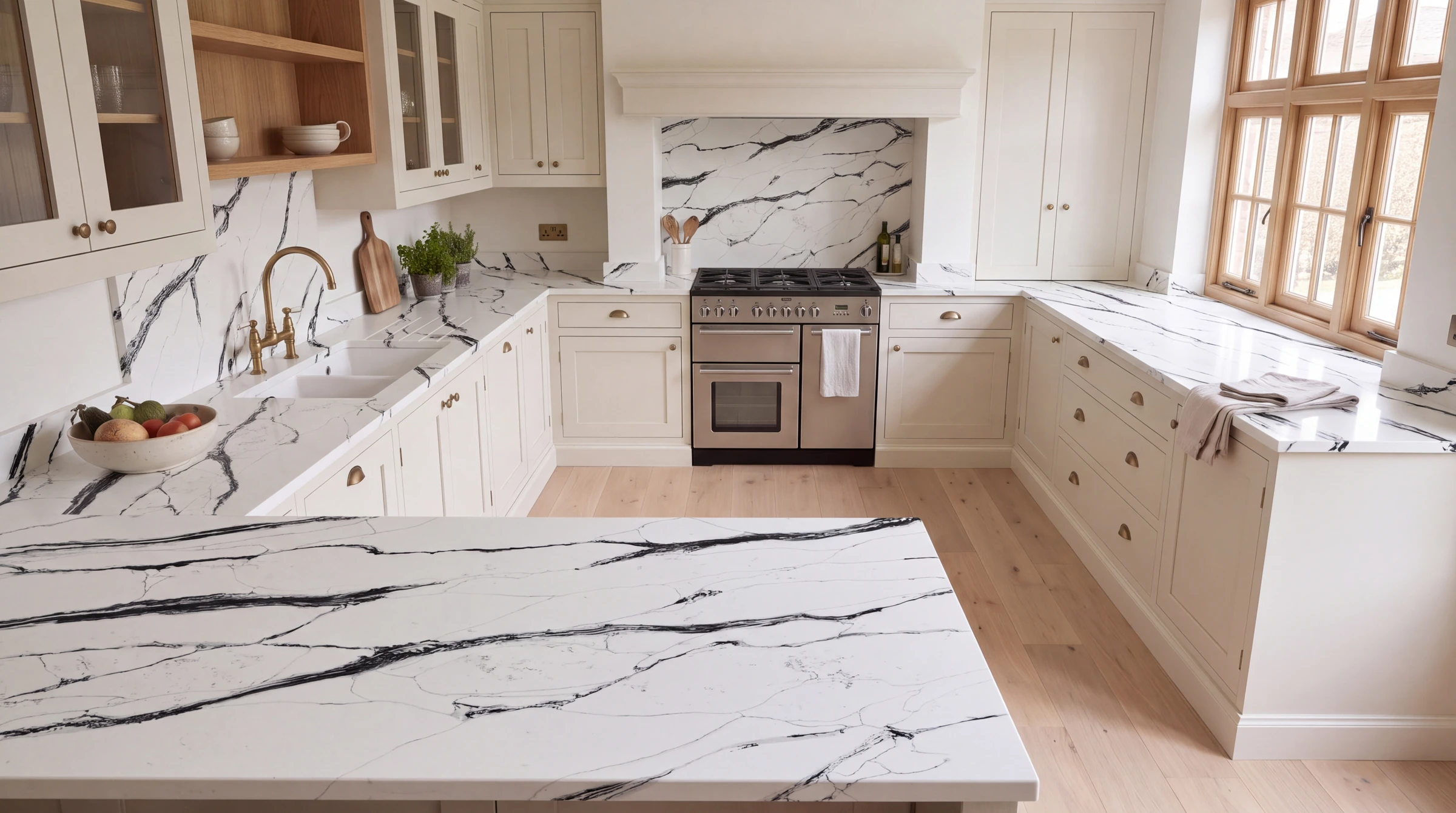 Calacatta Black Fusion u-shaped kitchen, AI-generated design concept