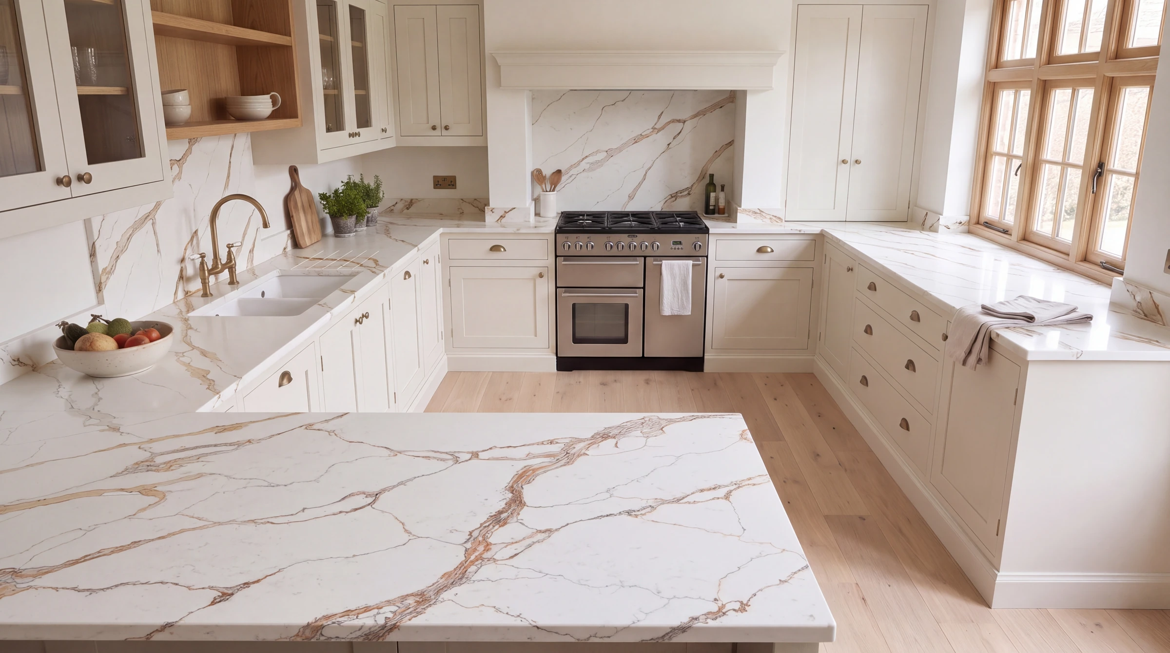 Calacatta Oro u-shaped kitchen, AI-generated design concept