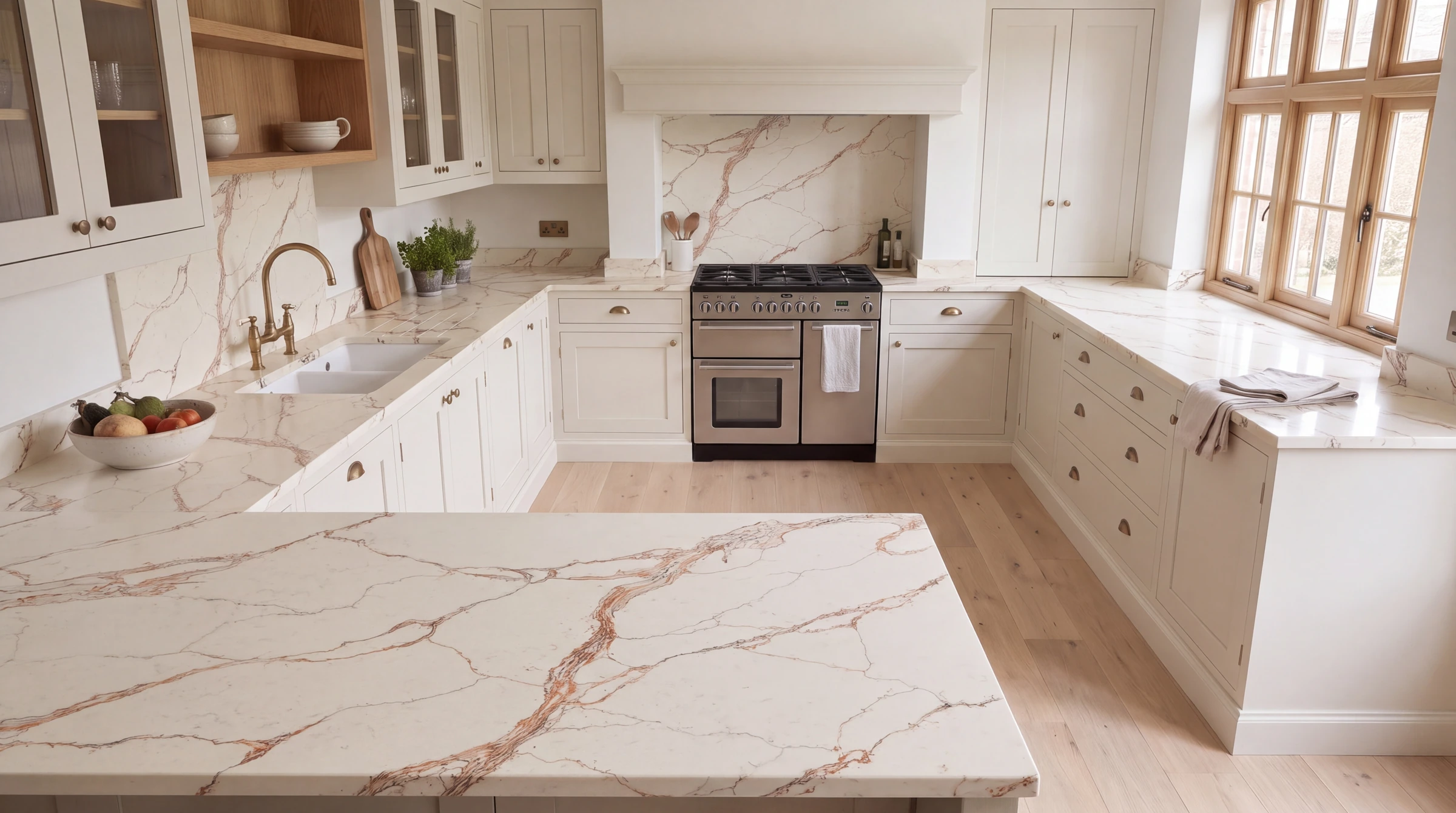 Calacatta Oro Satin u-shaped kitchen, AI-generated design concept