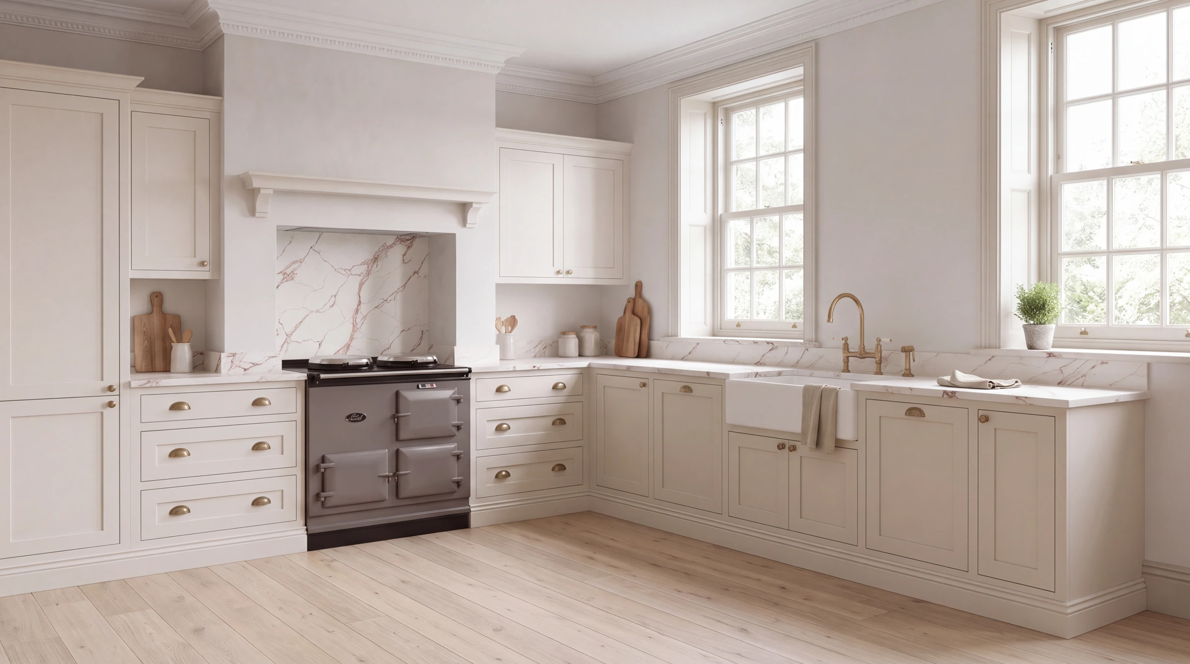 Calacatta Oro Satin l-shaped kitchen, AI-generated design concept