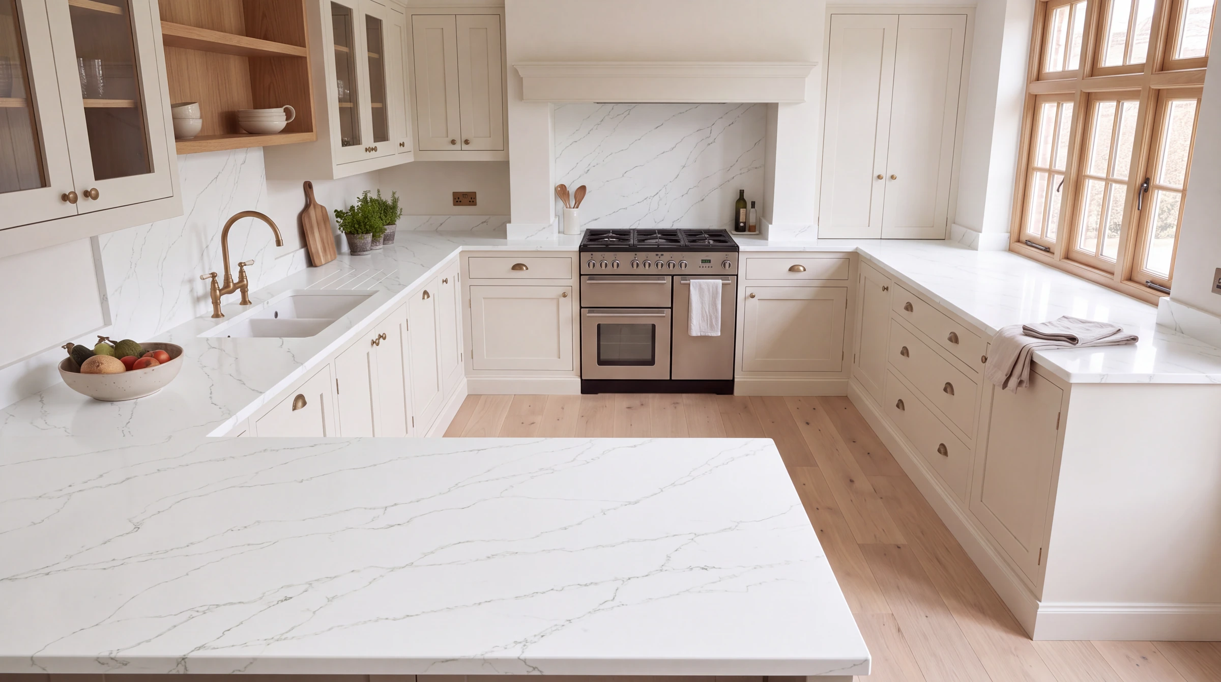 Calacatta Verde u-shaped kitchen, AI-generated design concept