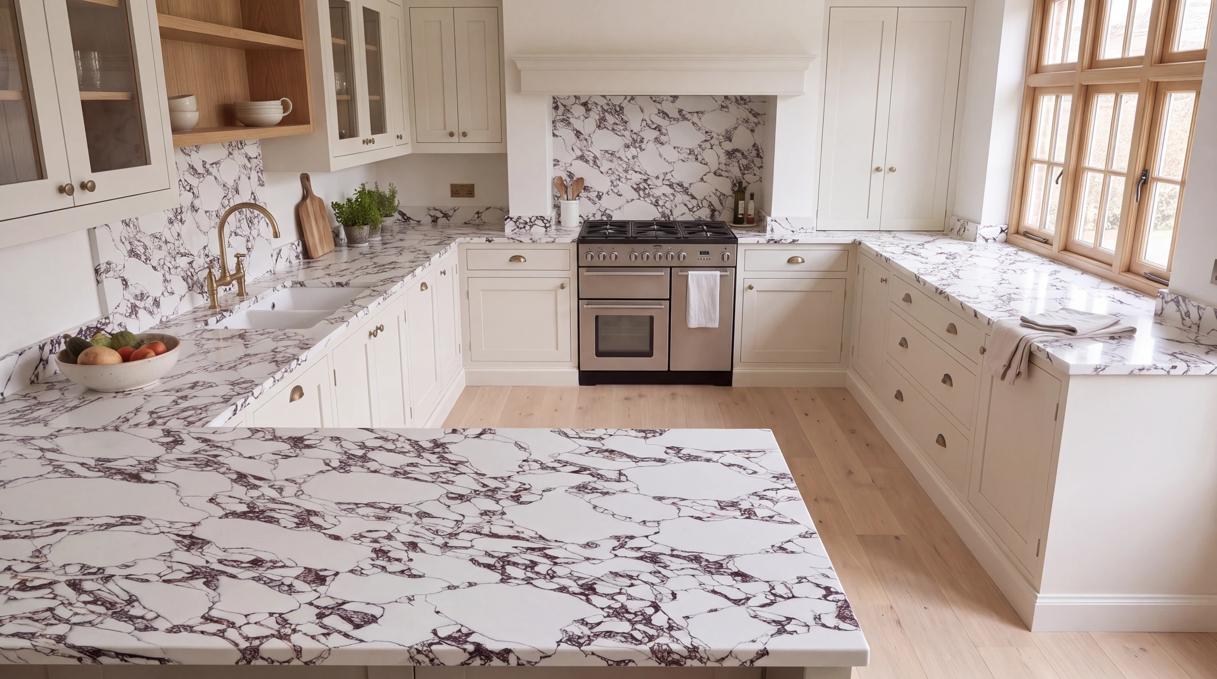 Calacatta Viola Wow u-shaped kitchen, AI-generated design concept