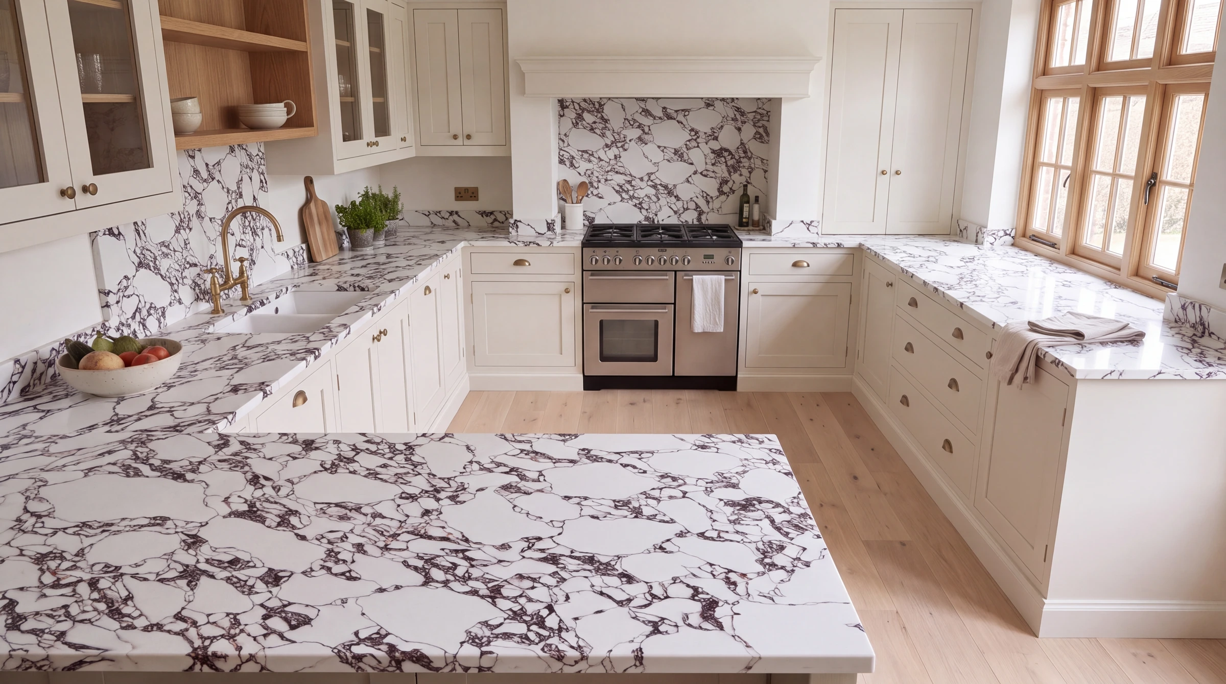 Calacatta Viola Wow Satin u-shaped kitchen, AI-generated design concept