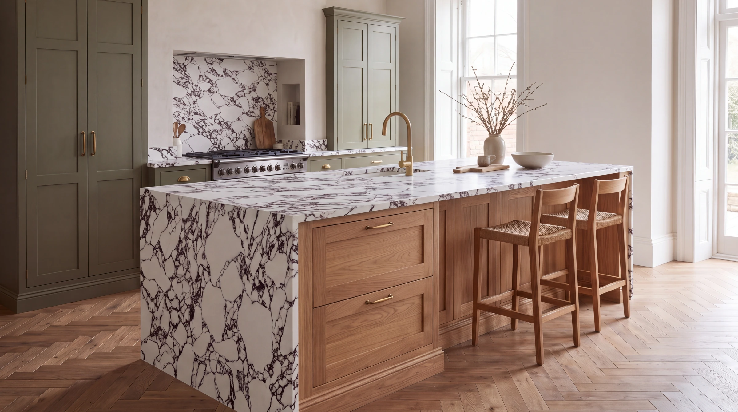Calacatta Viola Wow Satin kitchen island, AI-generated design concept