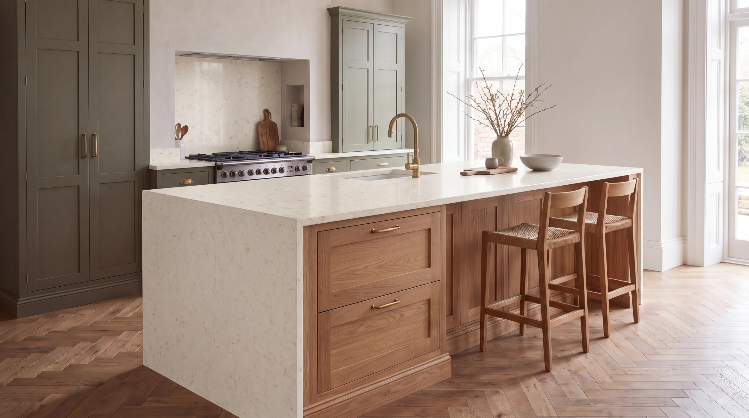 Carrara Gold kitchen island, AI-generated design concept
