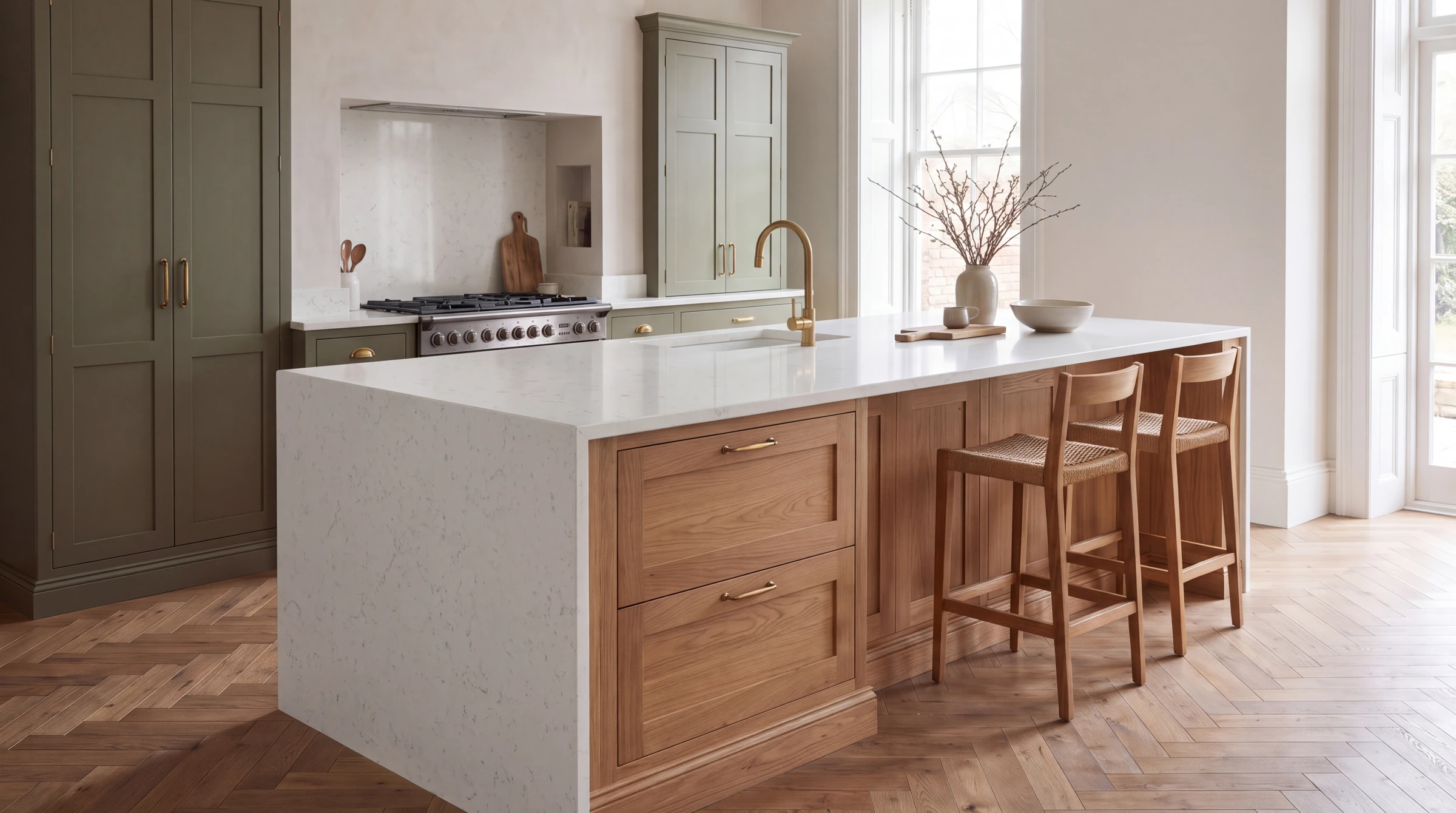 Carrara Mist kitchen island, AI-generated design concept