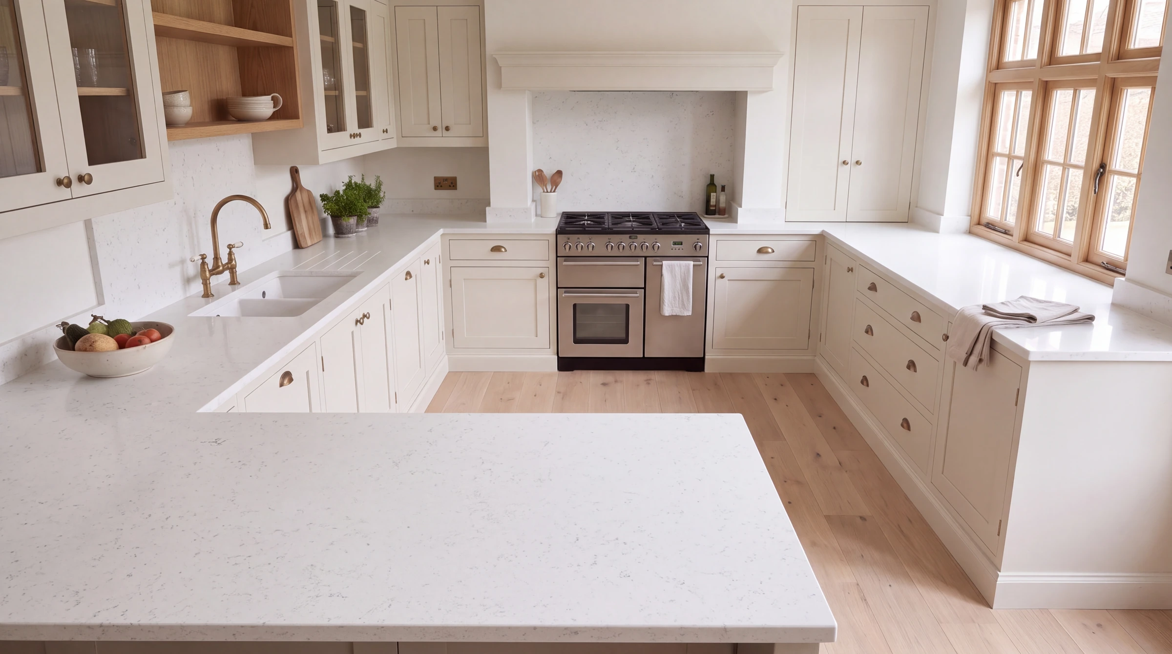 Carrara Shimmer u-shaped kitchen, AI-generated design concept