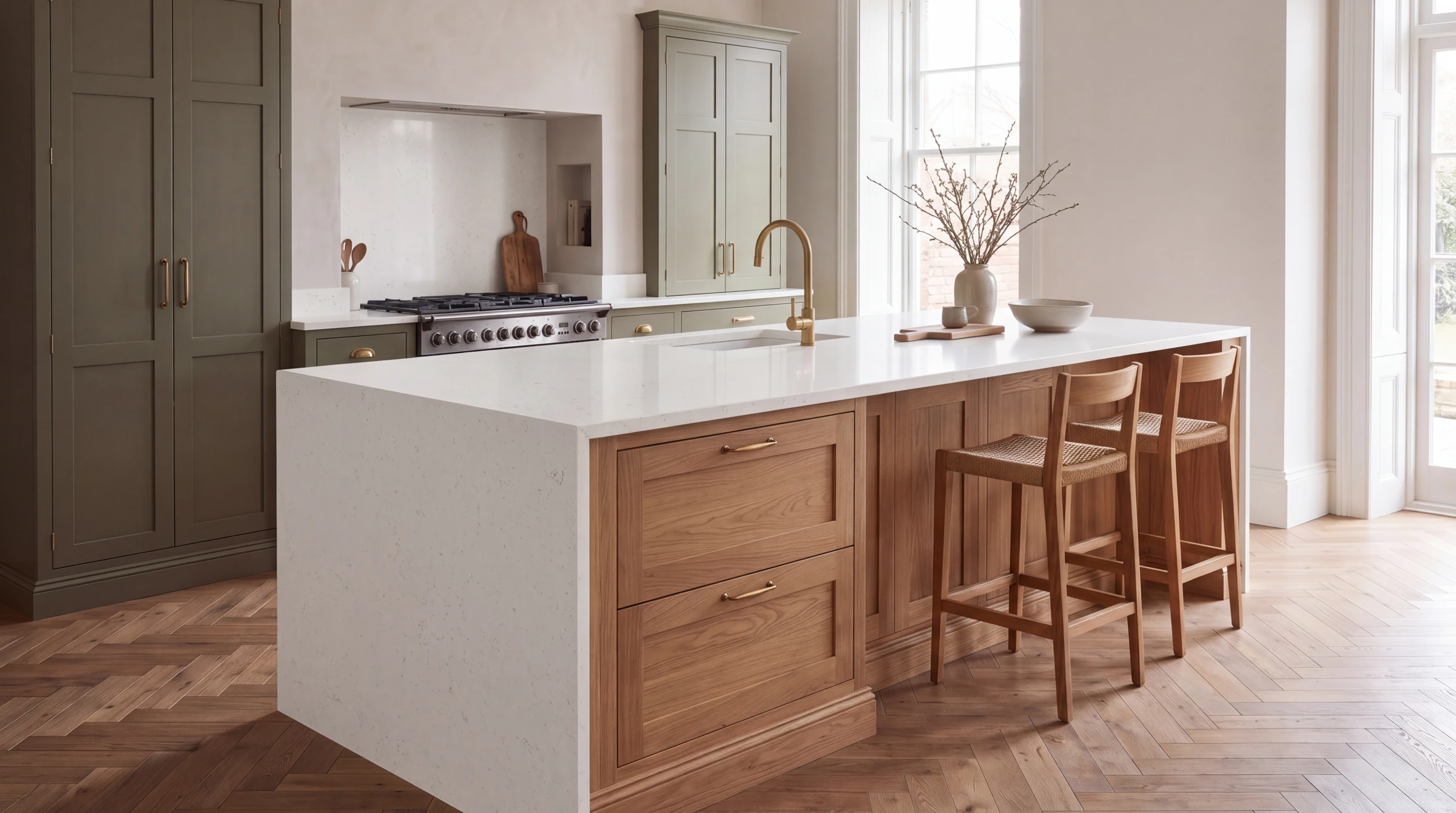 Carrara Shimmer kitchen island, AI-generated design concept