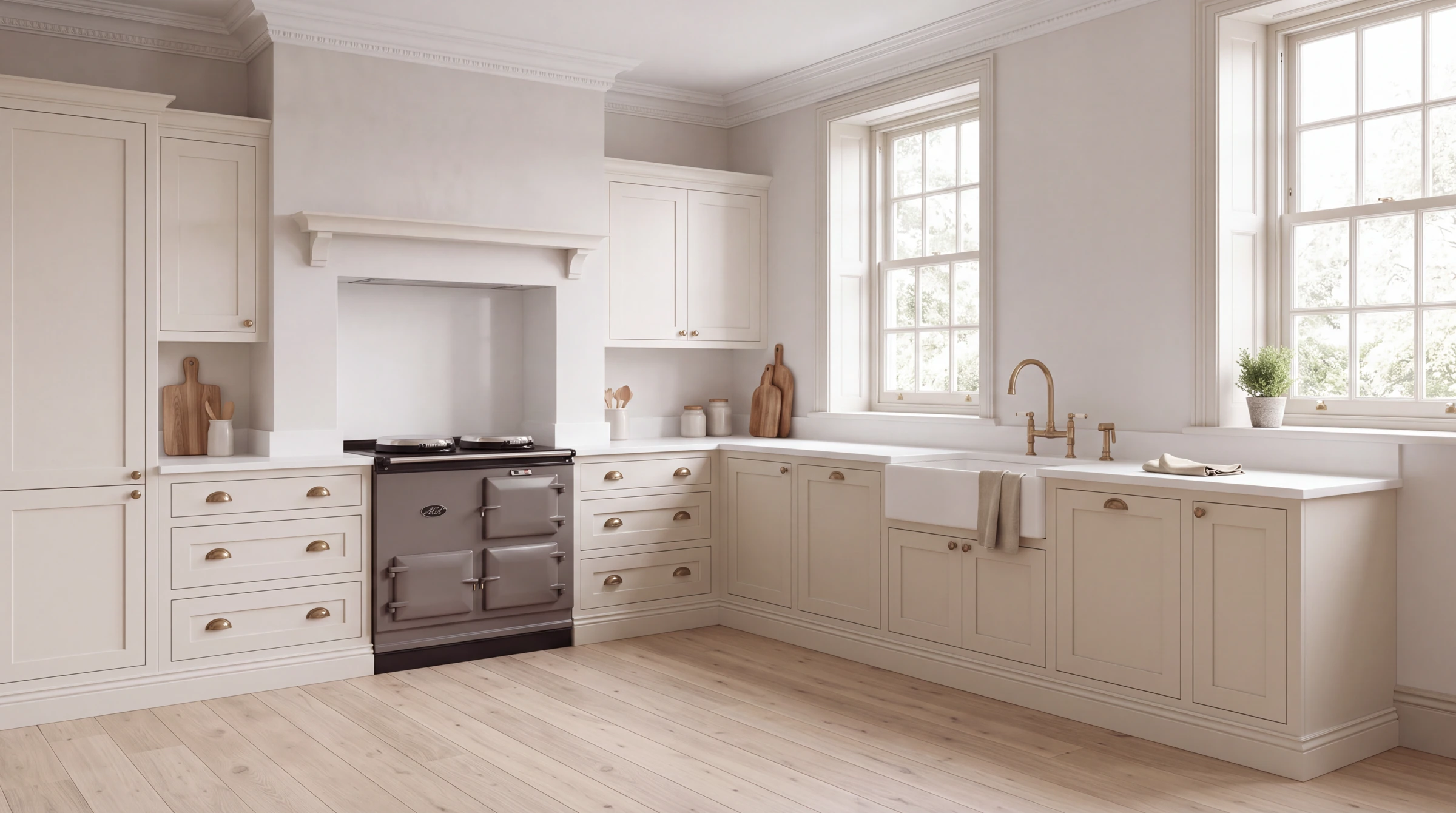 Classic White l-shaped kitchen, AI-generated design concept
