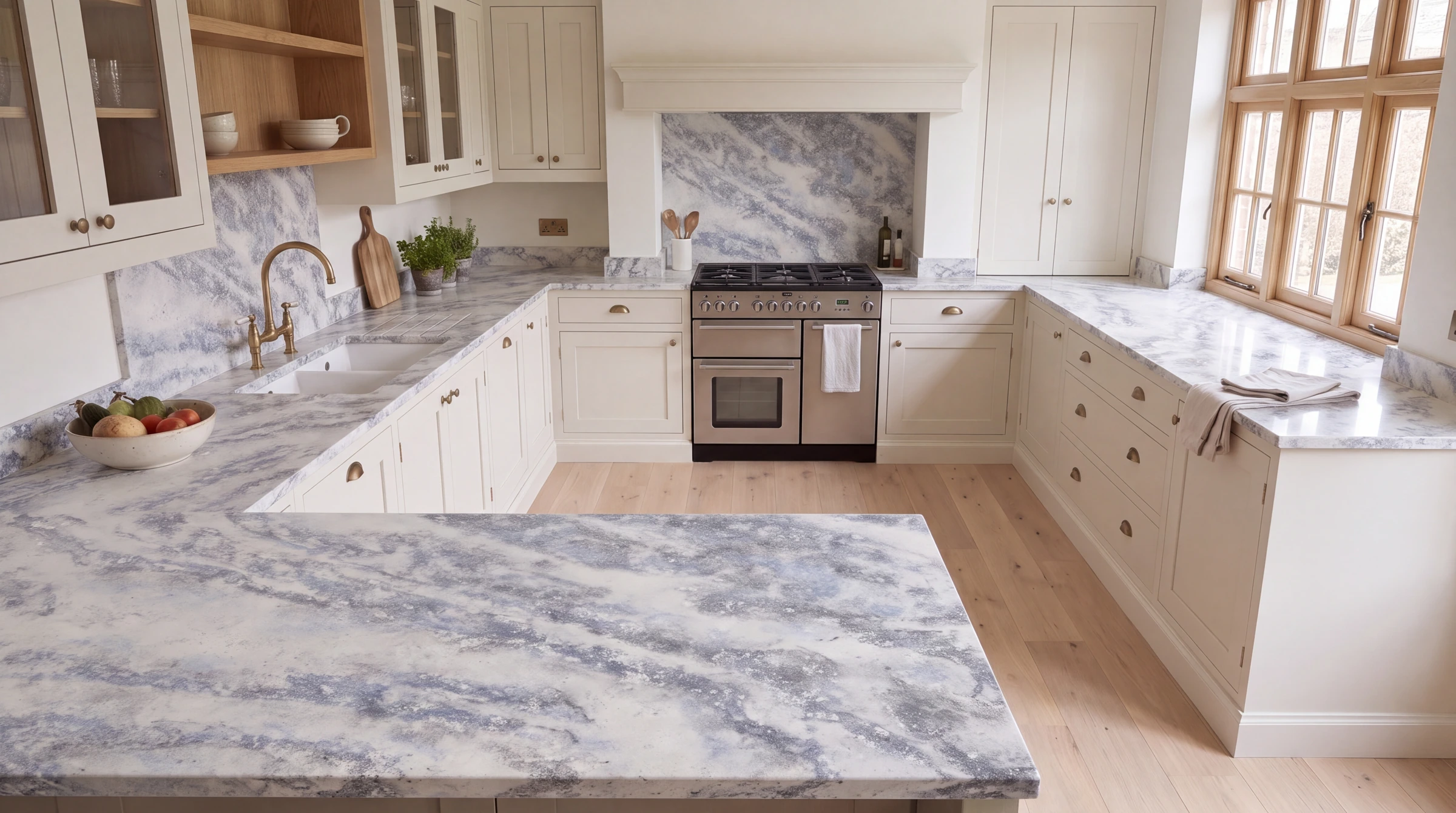 Cloud Burst u-shaped kitchen, AI-generated design concept