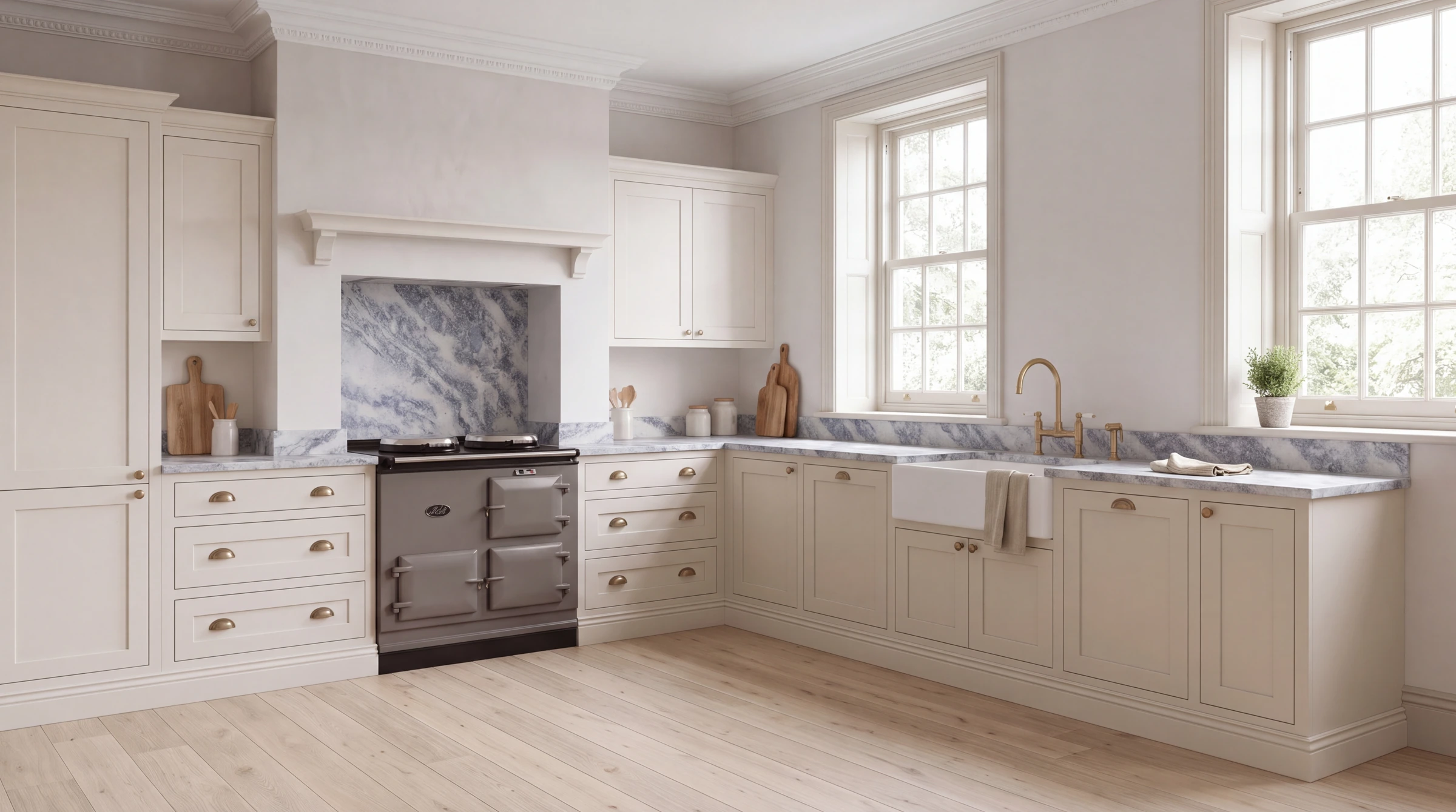 Cloud Burst l-shaped kitchen, AI-generated design concept