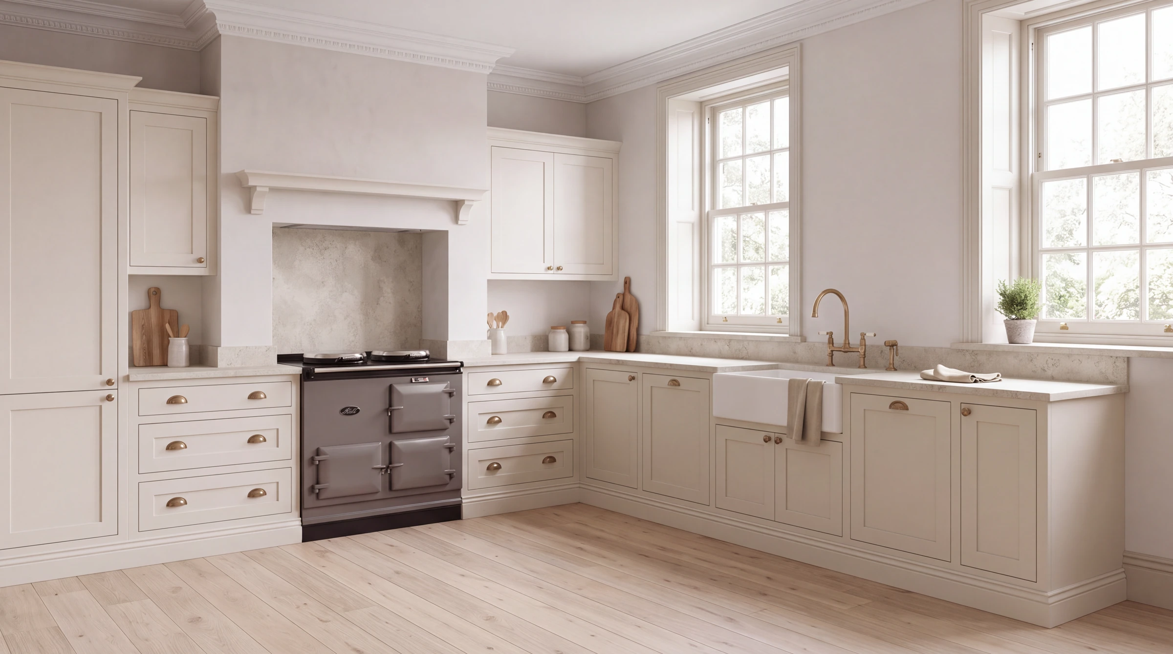 Concrete Earth l-shaped kitchen, AI-generated design concept