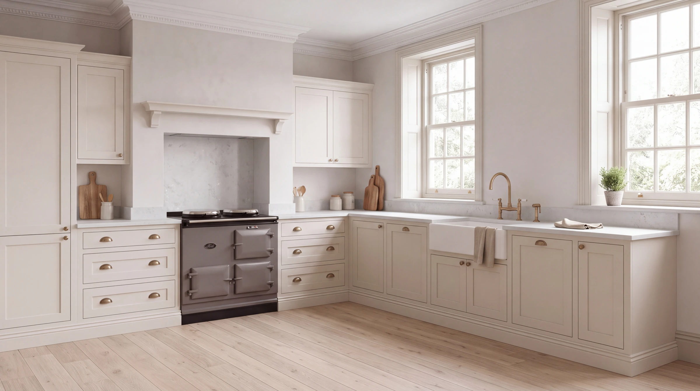 Concrete Oyster l-shaped kitchen, AI-generated design concept