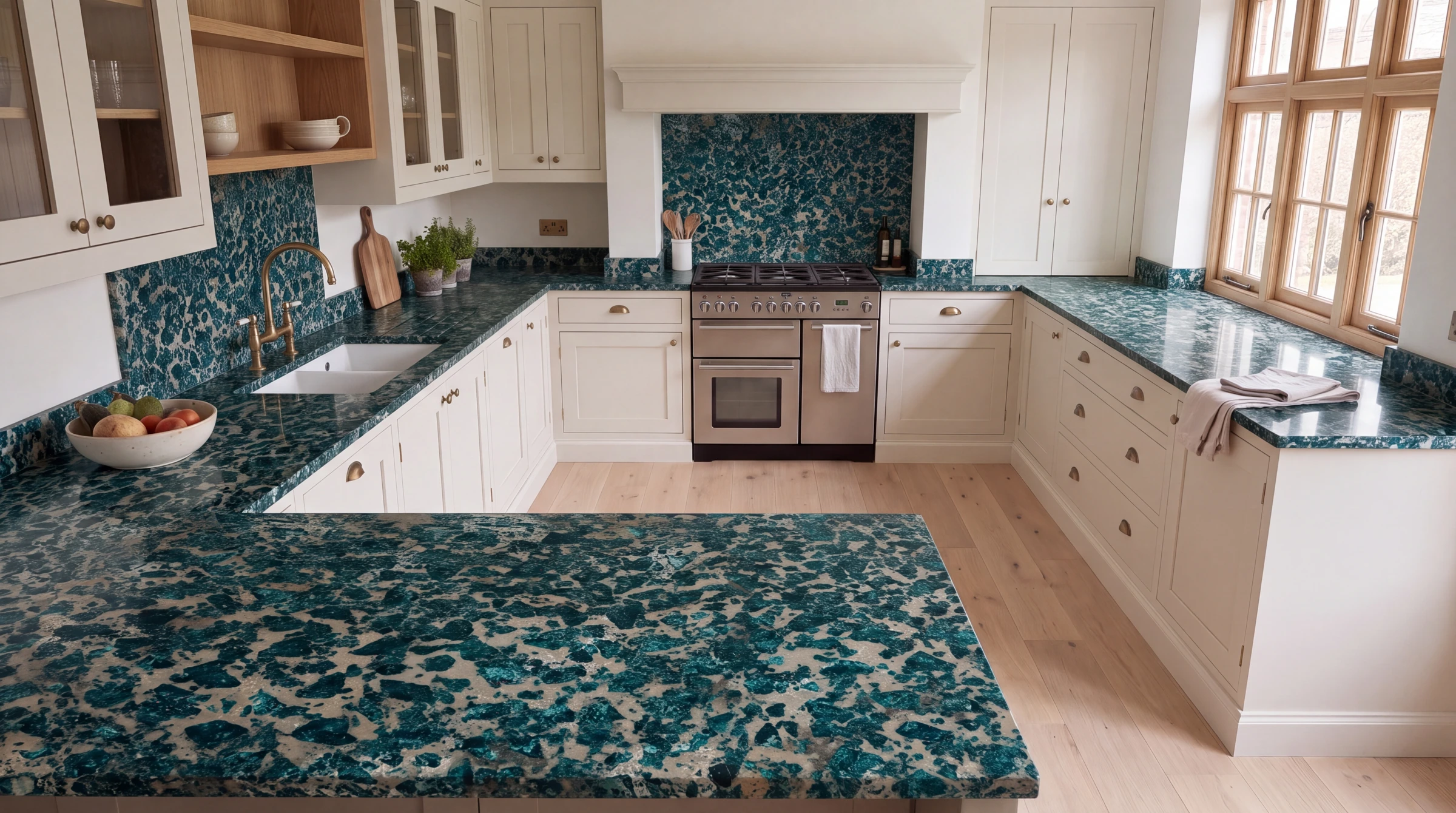 Emerald Green u-shaped kitchen, AI-generated design concept