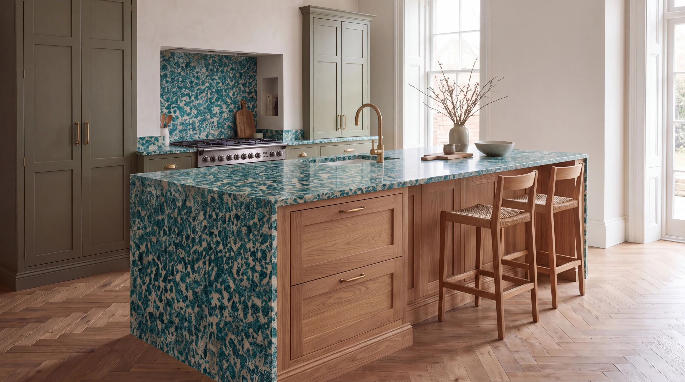 Emerald Green kitchen island, AI-generated design concept