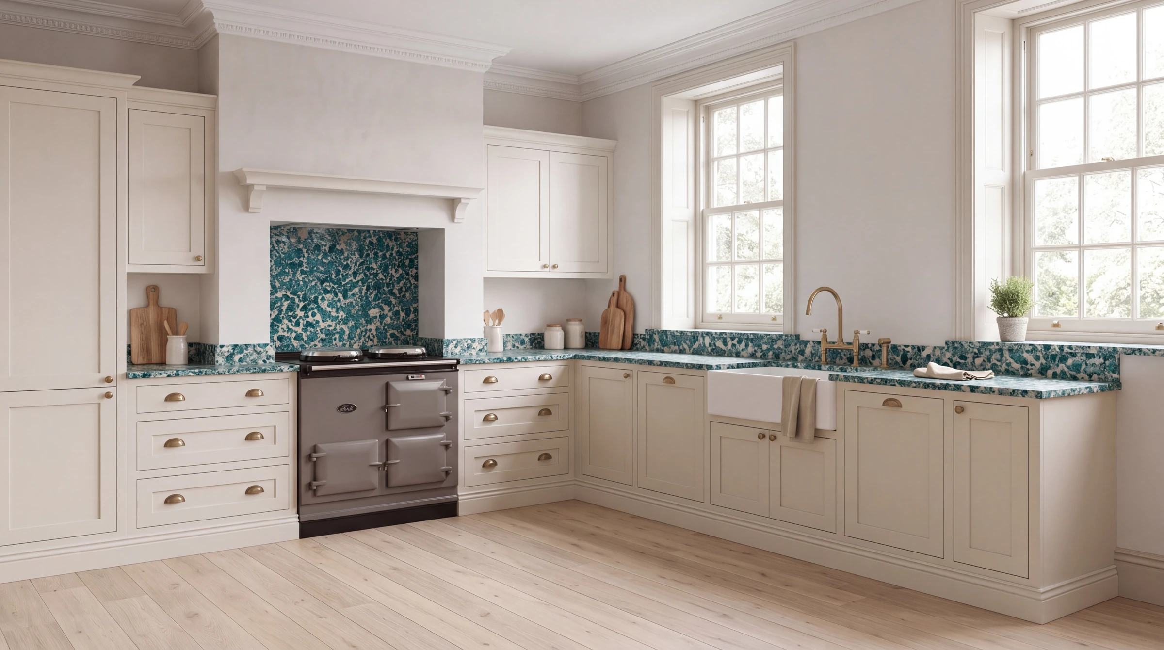 Emerald Green l-shaped kitchen, AI-generated design concept
