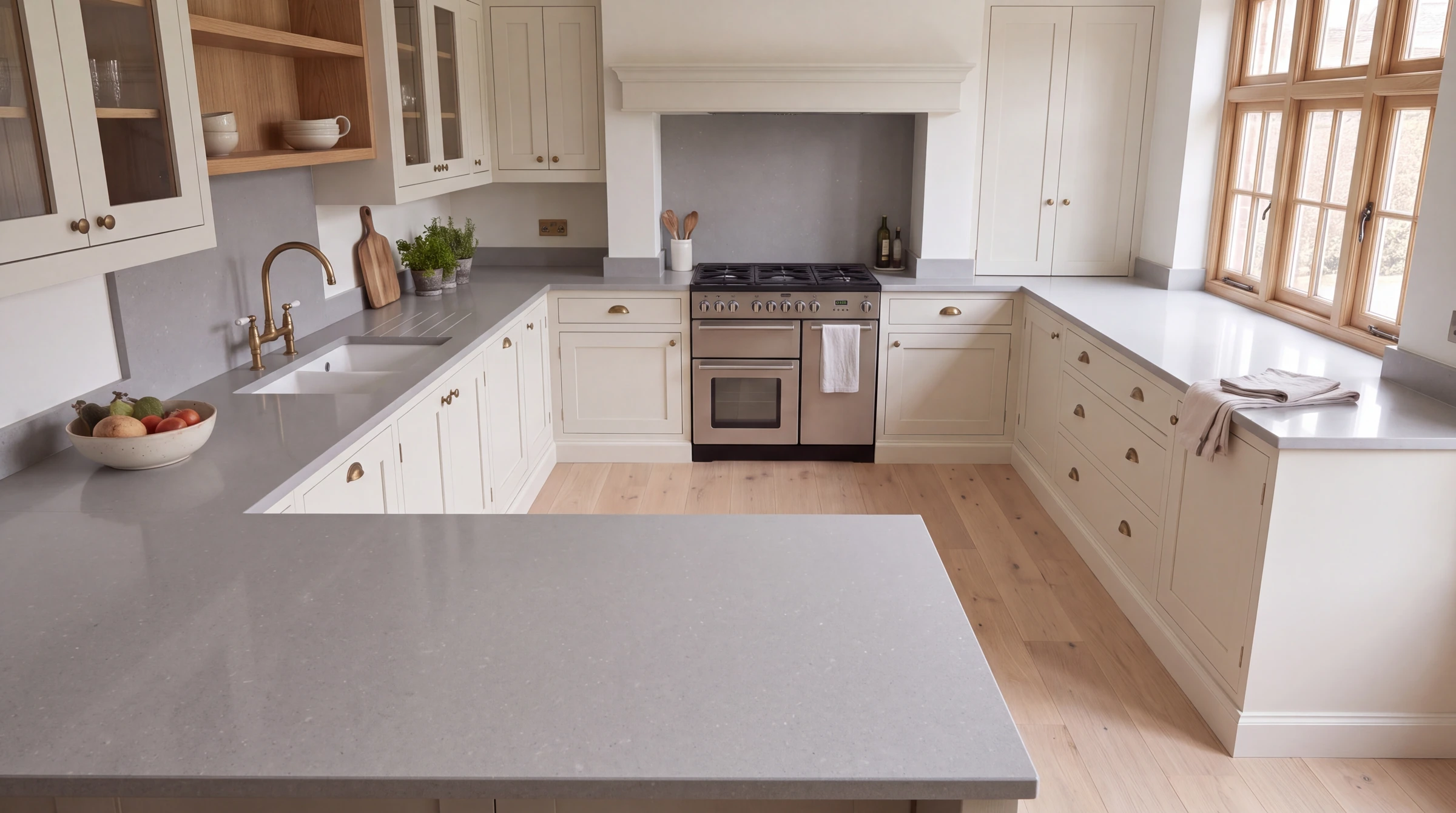 Grigio Shimmer u-shaped kitchen, AI-generated design concept