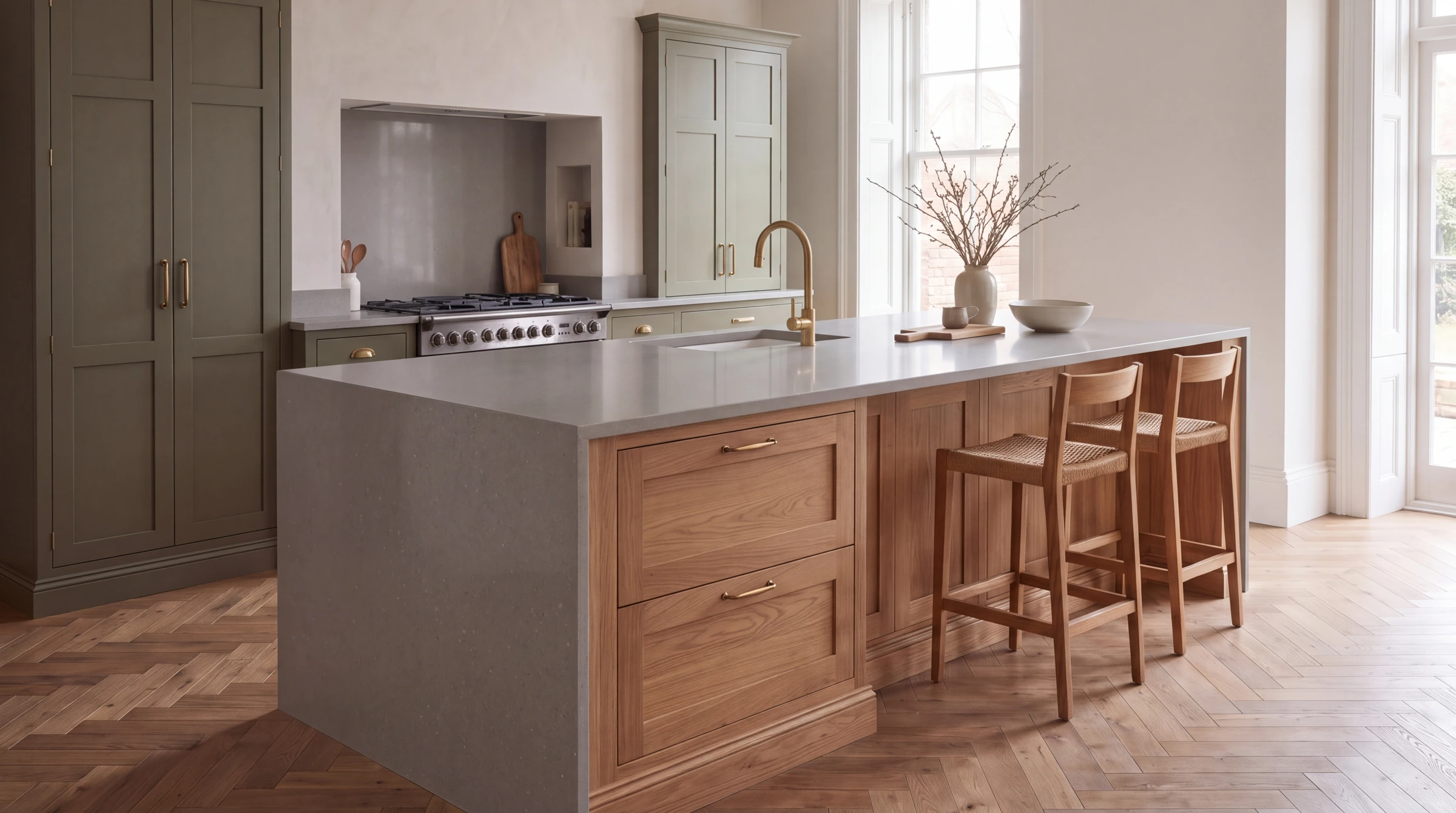 Grigio Shimmer kitchen island, AI-generated design concept