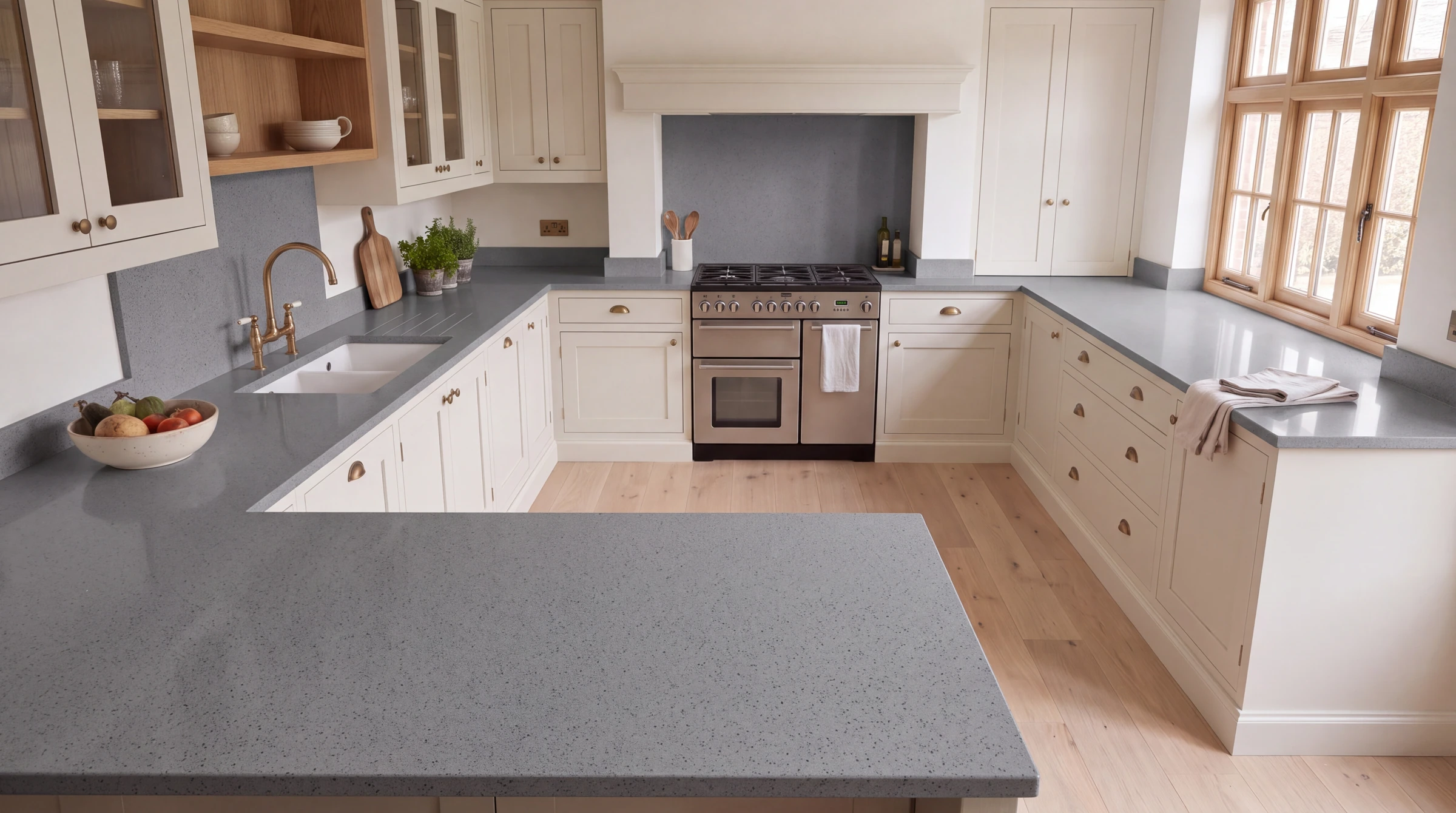 London Grey u-shaped kitchen, AI-generated design concept
