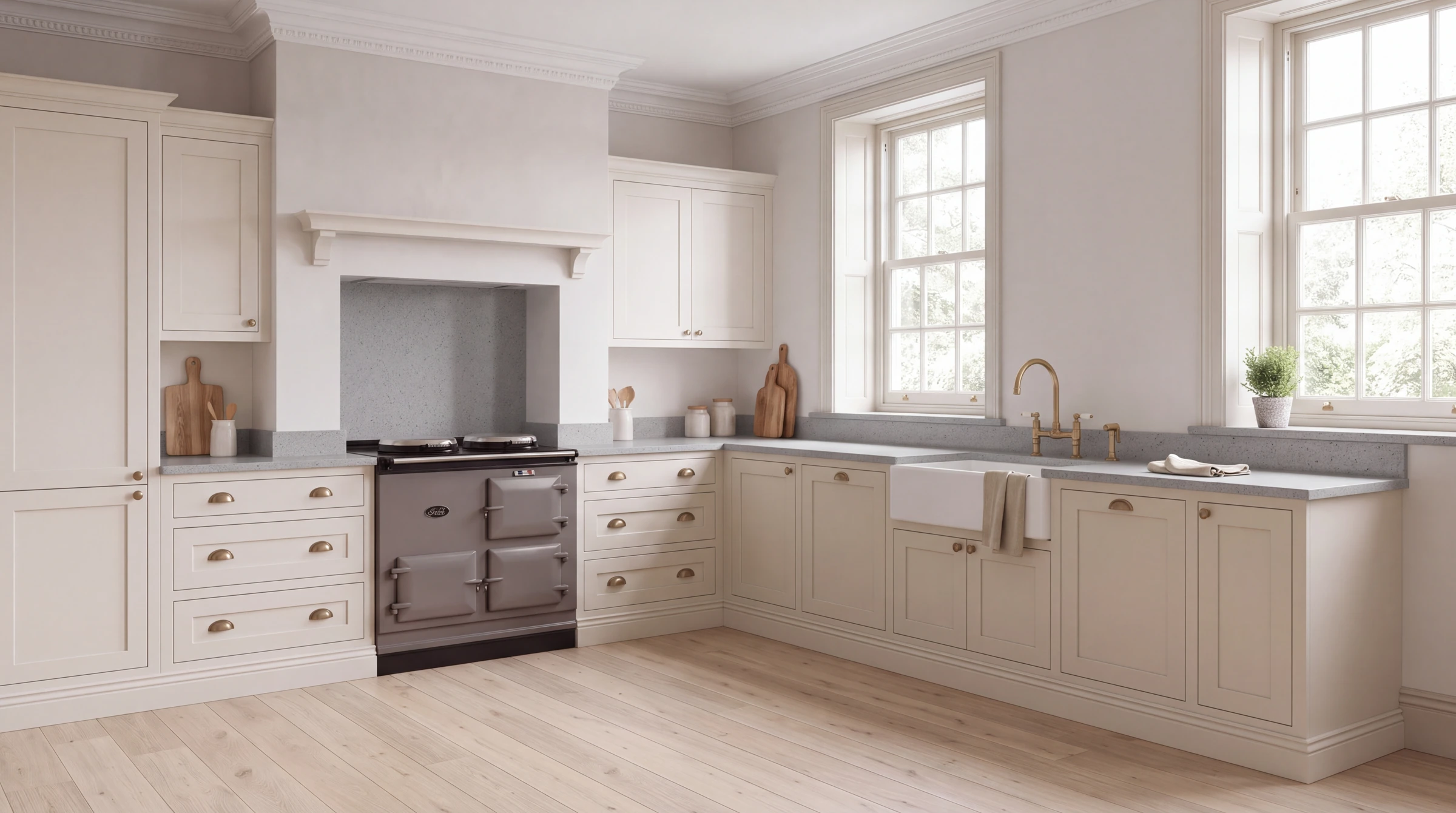 London Grey l-shaped kitchen, AI-generated design concept