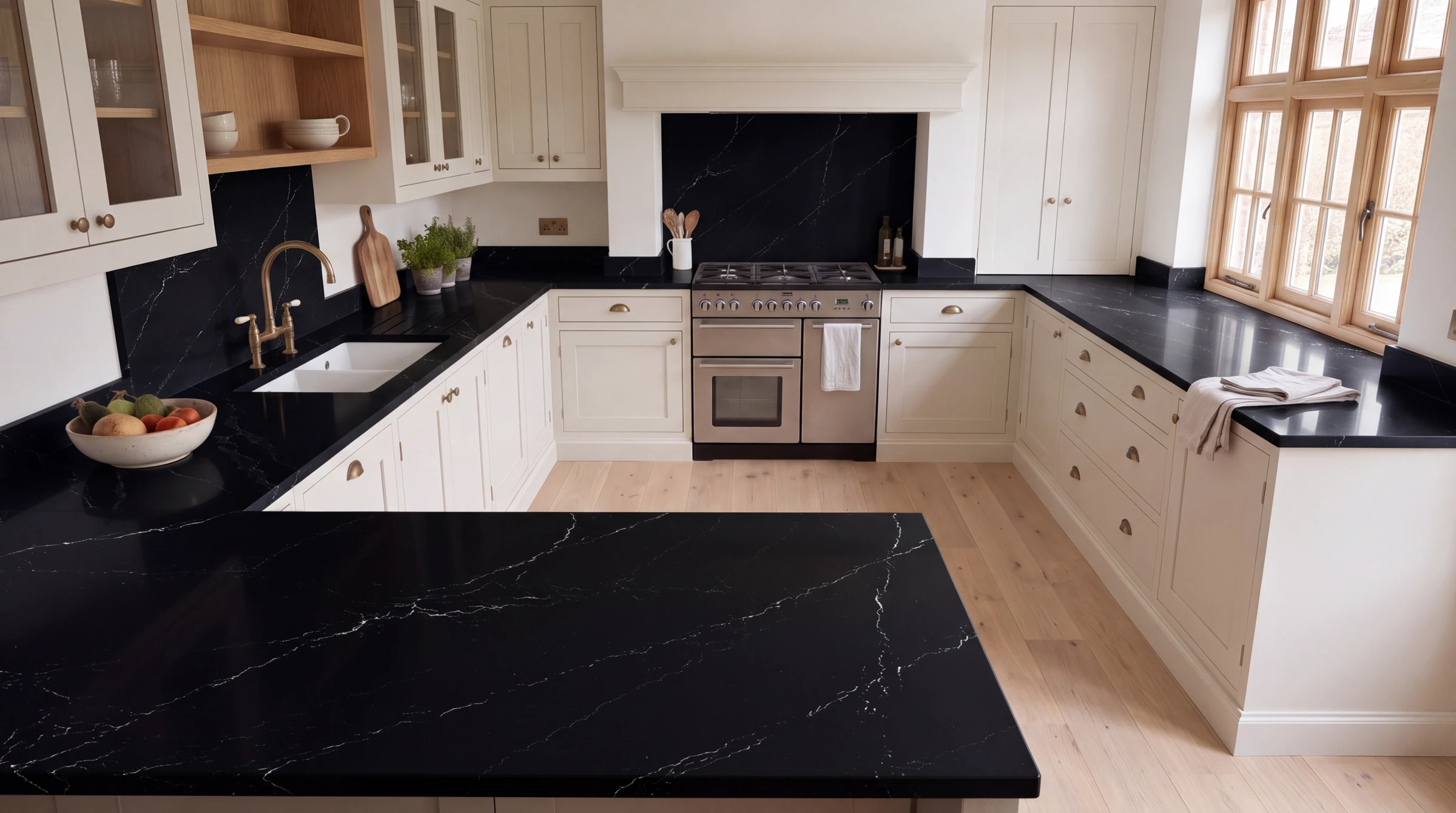 Marquina Shimmer u-shaped kitchen, AI-generated design concept