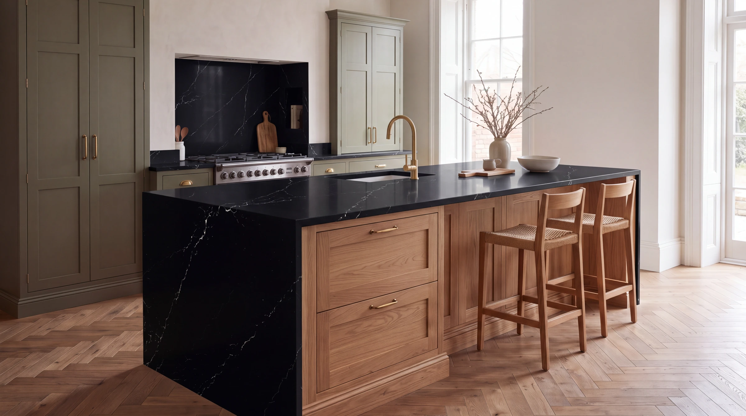 Marquina Shimmer kitchen island, AI-generated design concept