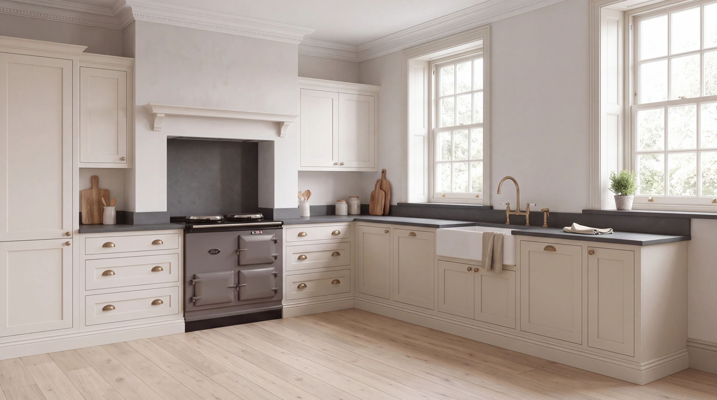 Royal Grey l-shaped kitchen, AI-generated design concept